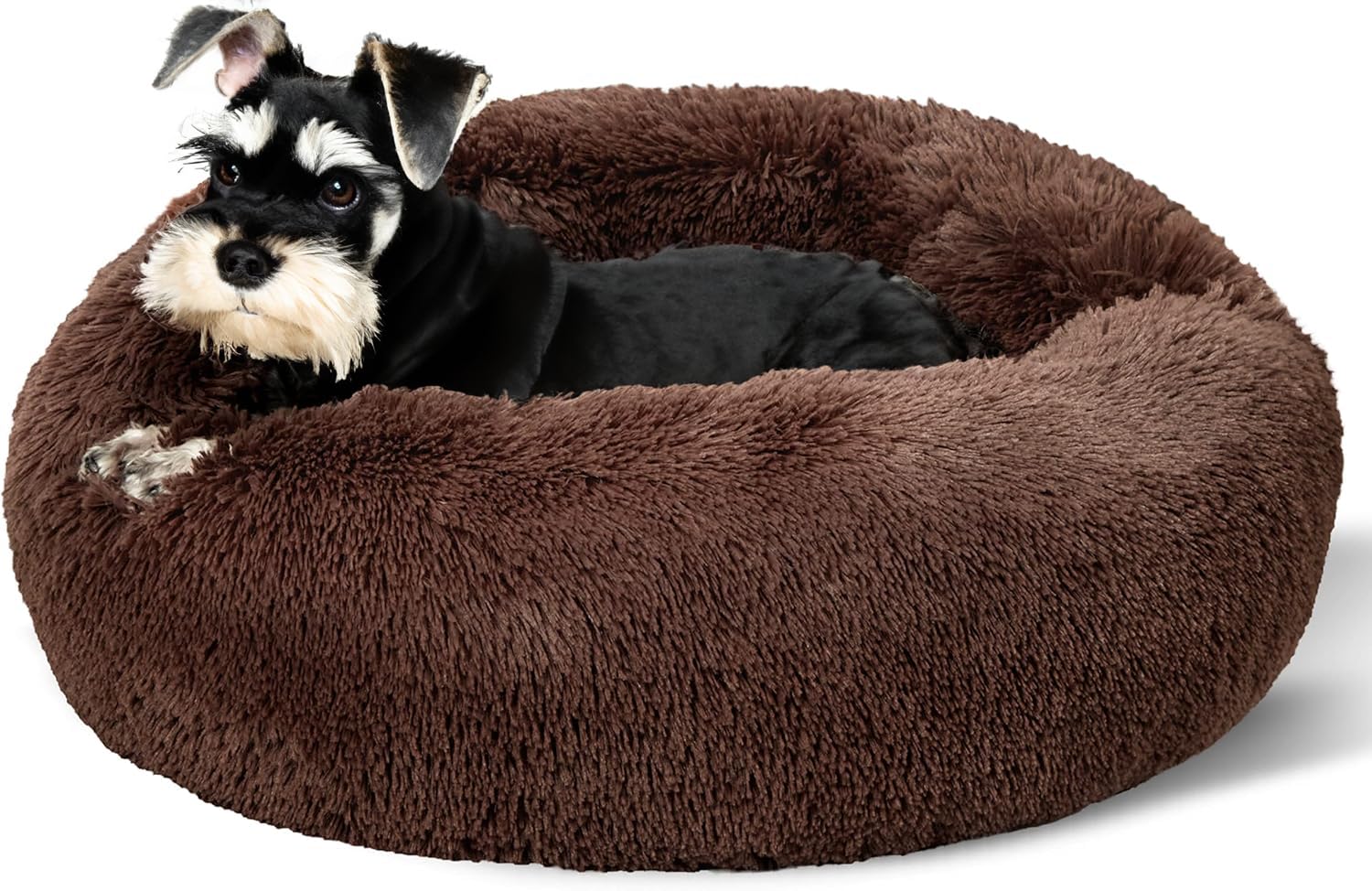 SEOUGEE Calming Donut Dog Bed, Fluffy Plush Round Cat Bed, Cosy Soft Washable Cushion Warming Pet Beds with Non-Slip Bottom, Indoor Sleeping Cuddler Nest for Small Dogs Cats (Coffee 50cm)