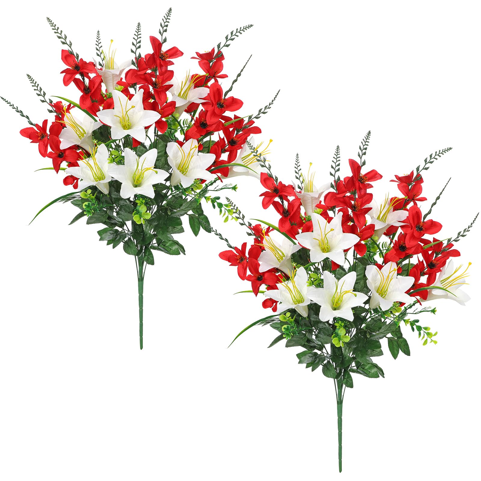 Briful 2er Set Künstliche Blumen für Gräber Weiße Lilie Faux Blumen Rote Kunstblumen Wie Echt für Outdoor Dekoration