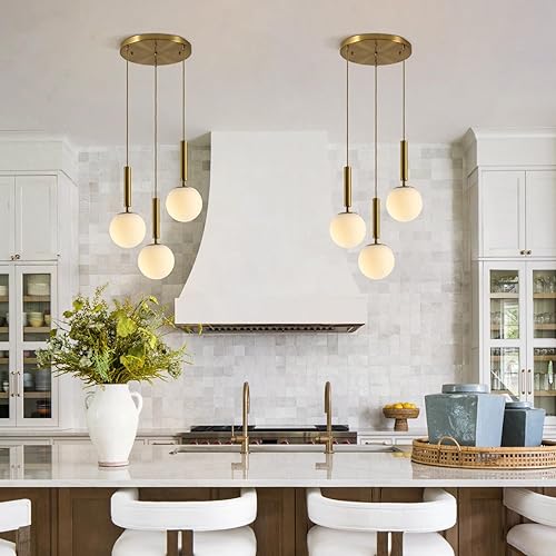 Miniatura 7 de BOKT Moderna lámpara colgante de 3 luces en racimo de cocina, isla de mediados de siglo, ajustable, globo dorado cepillado, lámpara colgante,