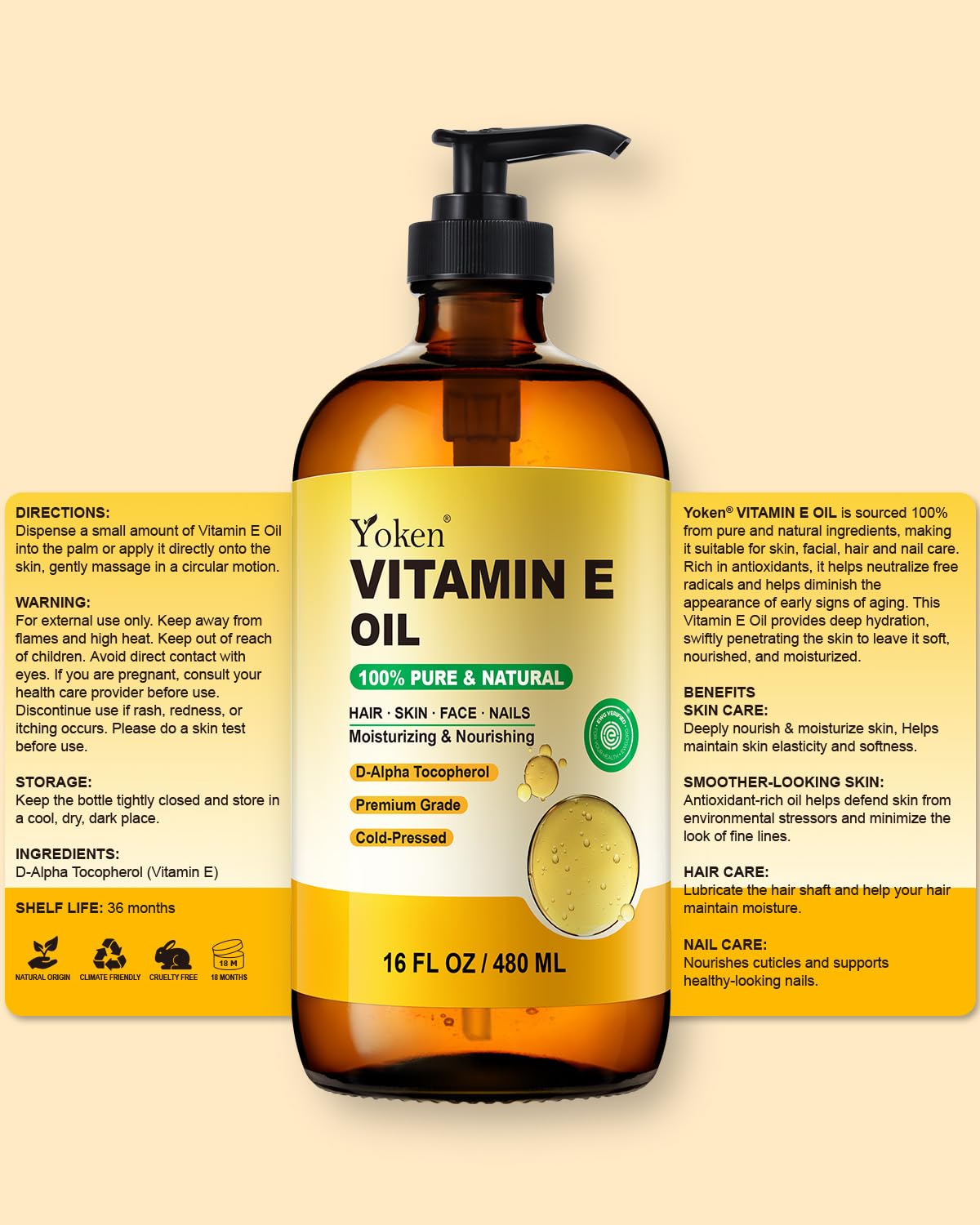 Yoken Vitamin E Oil with D-Alpha Tocopherol for Skin, Face, Hair & Nails
