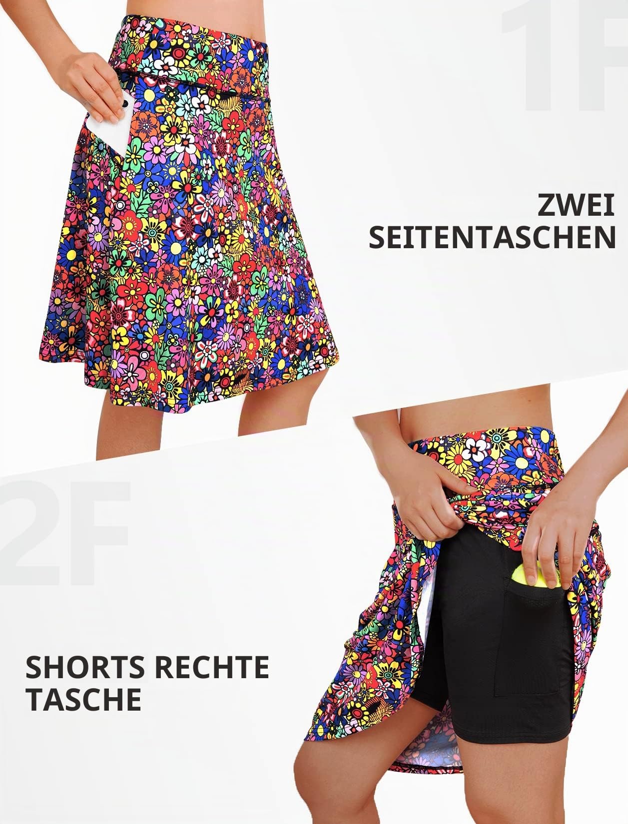 KORALHY Knielange Skorts für Damen, hohe Taille, Tennisrock mit Reißverschlusstasche, 50,8 cm