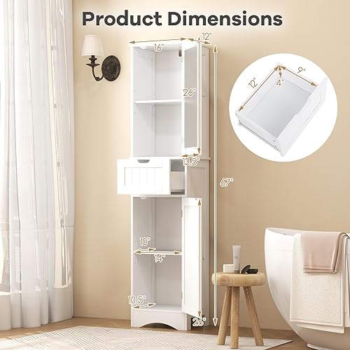 Miniatura 24 de Tangkula Armario de almacenamiento de baño de 67 pulgadas de alto, torre independiente delgada con 2 puertas y 1 cajón, gabinete de piso estrecho