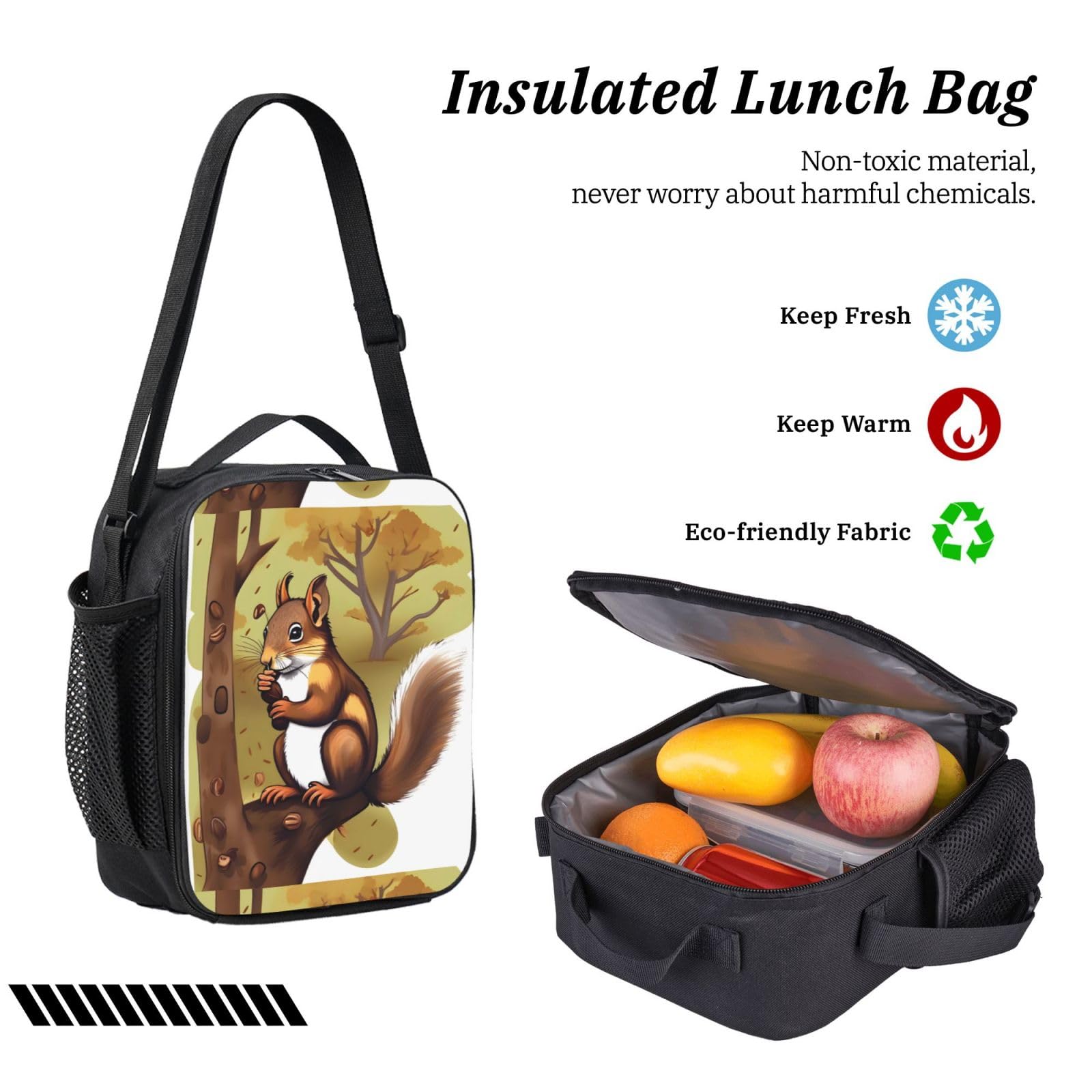 Set di astucci portapranzo con scoiattolo che mangia noci da 43 cm, stampa carina, resistente tessuto Oxford.