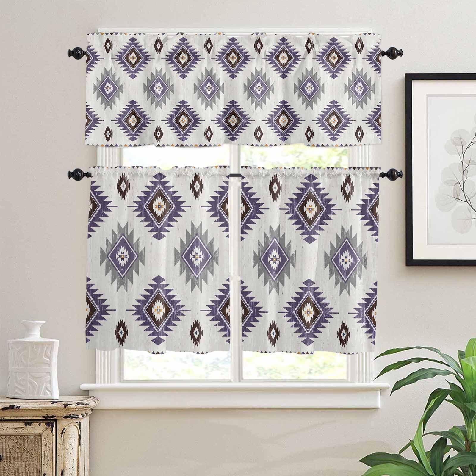 Purple Aztec Kitchen Curtains 24 Inch Length, 3 Piece Rod Pocket Small Half Tiers and Valance Set, Southwest Boho Abstract Gray Geometric Small Large Window Treatment Decor for Bedroom/Bathroom Sink