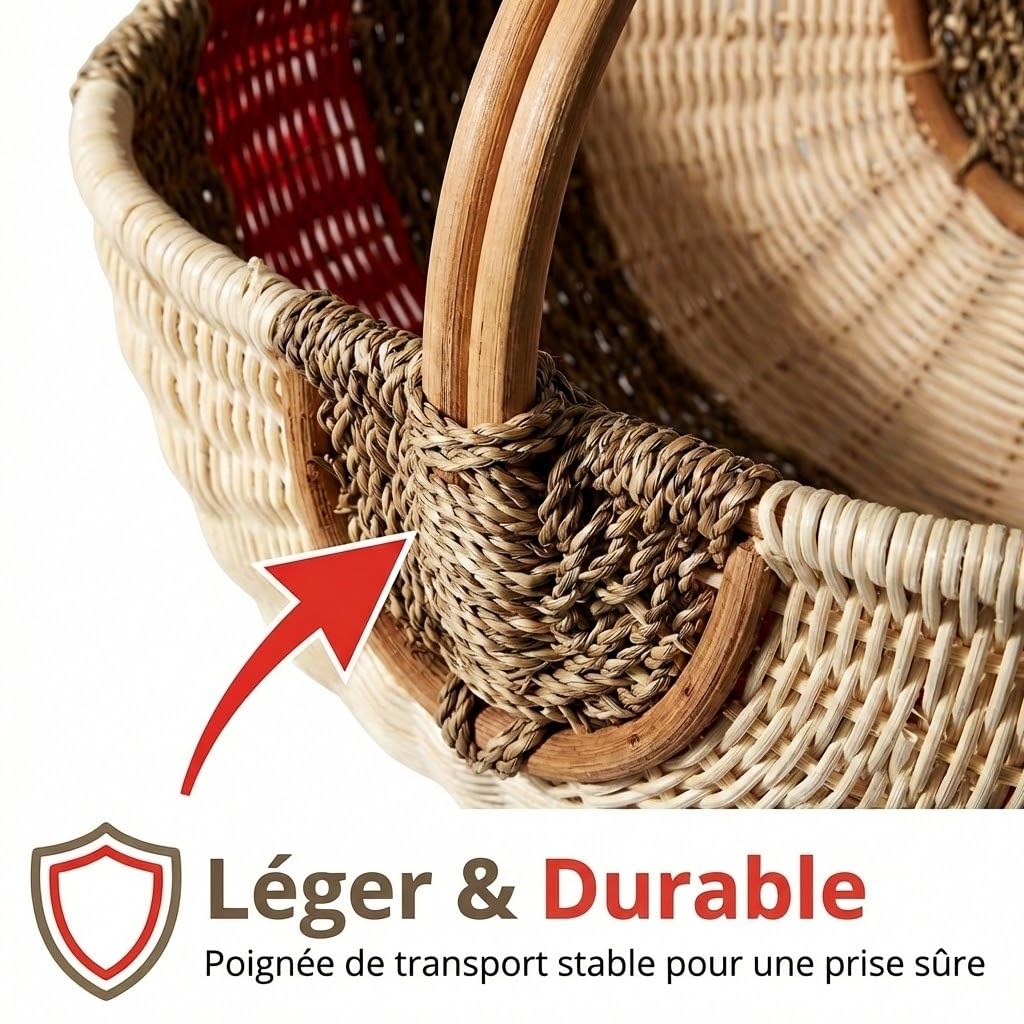 Grand Panier de Courses en Rotin et Jonc de Mer – Panier de Pique-Nique Tressé à la Main avec Anse – 48x33x24 cm – Panier de Marché Robuste et Stable – Design Vintage – Vert