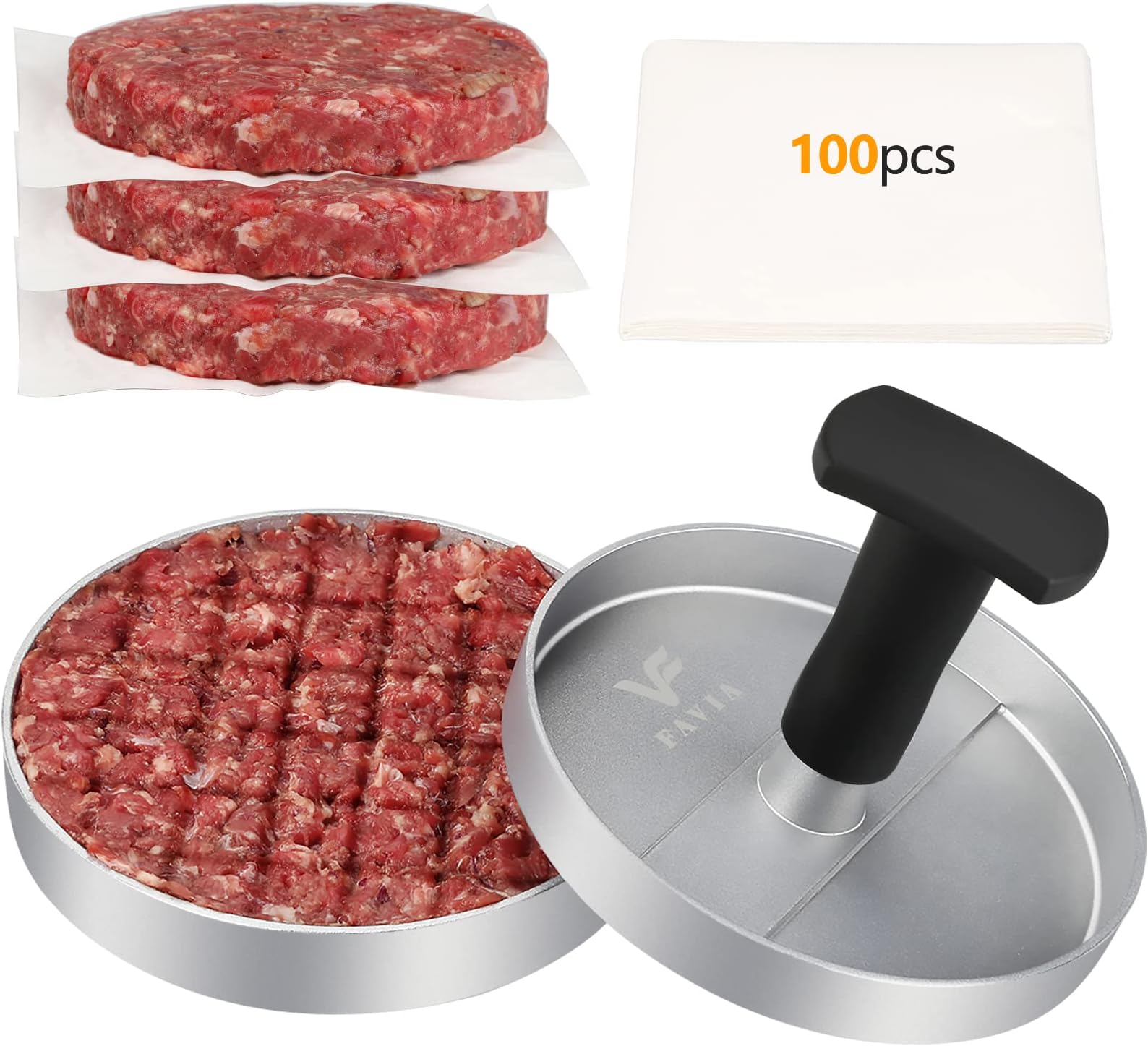 FAVIA Burger Press Patty Maker with 100 Wax Papers Set I Non-Stick Hamburger Meat Mold Ring for Beef Veggie Burger BBQ Barbecue Grill BPA Free Dishwasher Safe