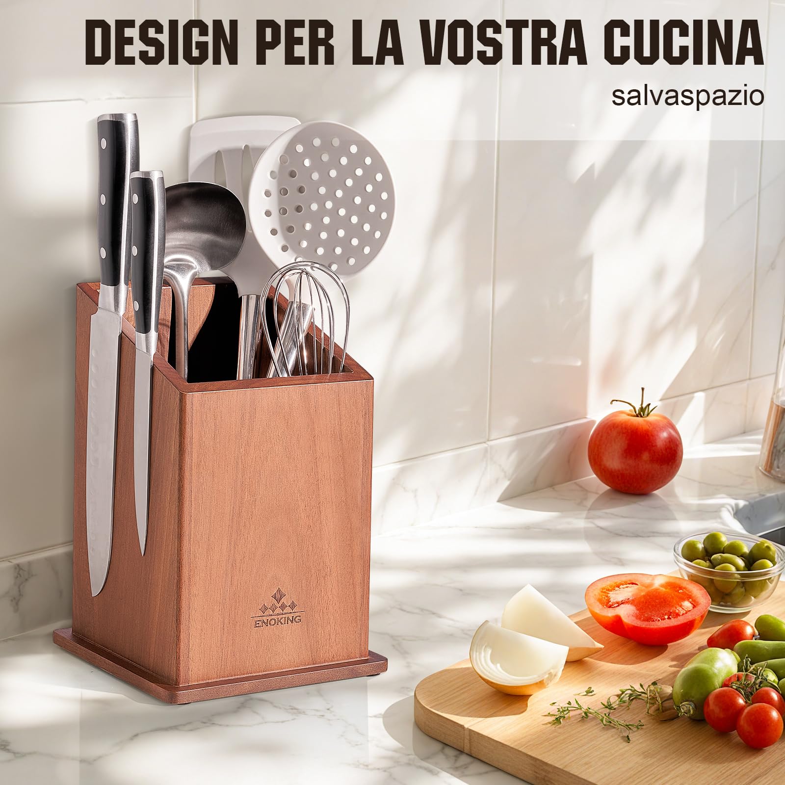 ENOKING Porta Coltelli Cucina Magnetico, Ceppo Coltelli da Cucina Vuoto, Portacoltelli da Cucina in Legno di Acacia, Porta Posate Cucina di Grande Capacità per Coltelli e Utensili da Cucina