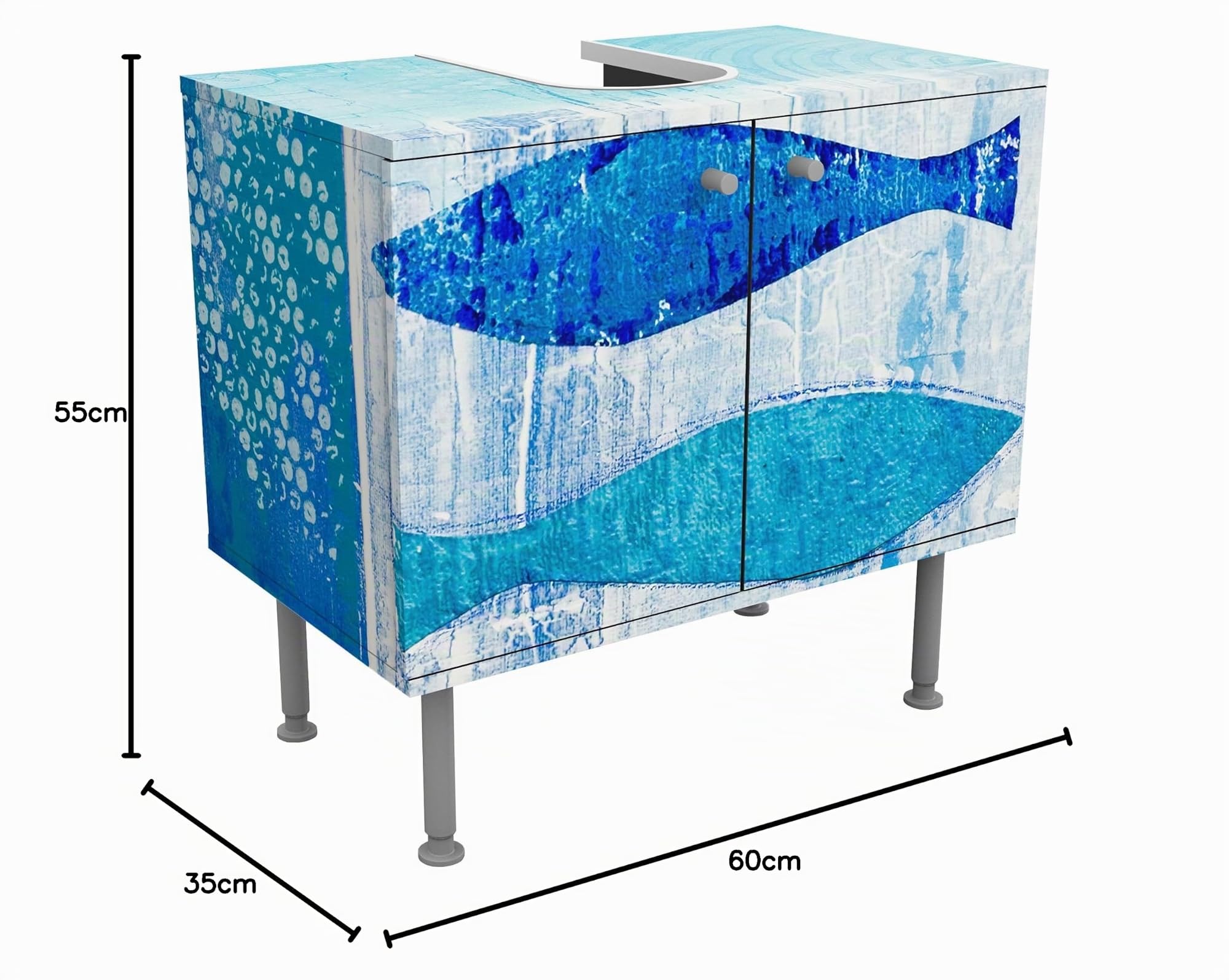 Waschbeckenunterschrank 2 Türen Kunst höhenverstellbar mit Füßen - 60er Breite - Fische Malerei Unterschrank blau Bad Gäste WC Möbel mit Motiv 1680