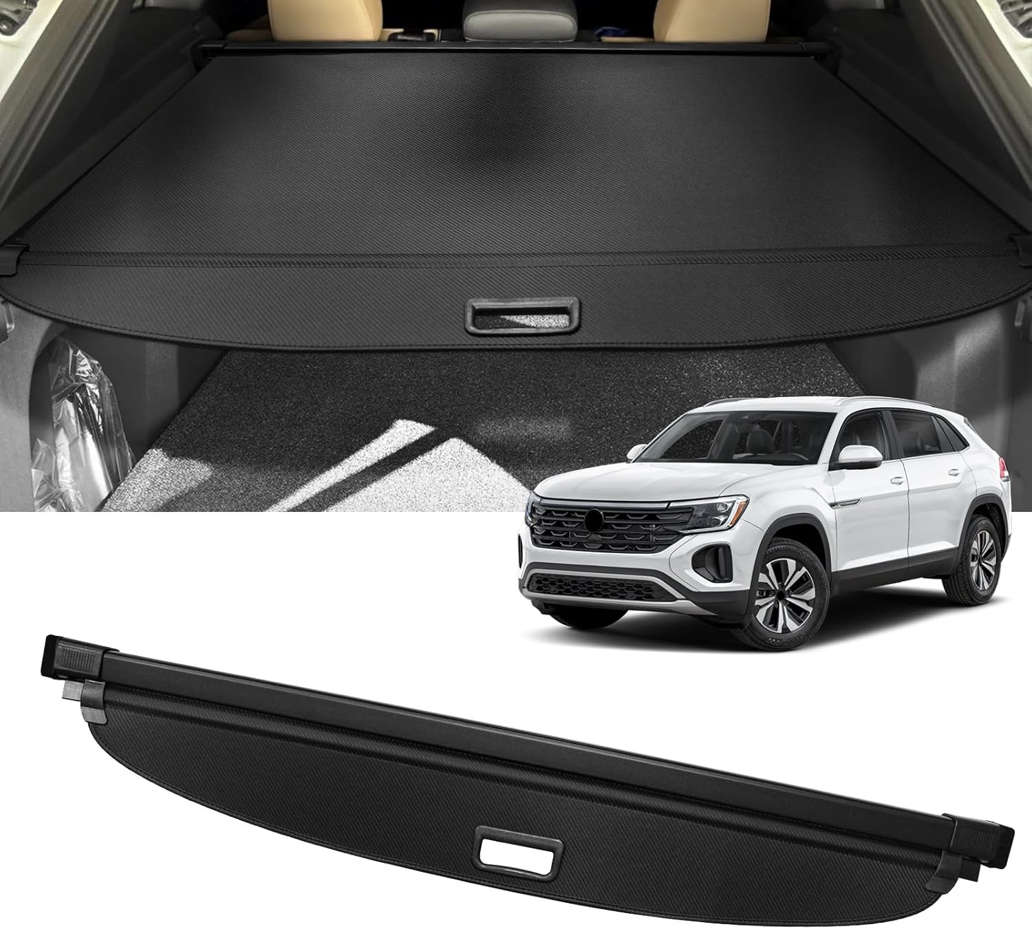 Cargo Cover for VW Volkswagen Atlas Cross Sport 2020-2025 2026 Accessories Retractable Trunk Cover Security Shielding Shade Cargo Luggage Cover Trunk Privacy Protection (Carbon Fiber Texture)
