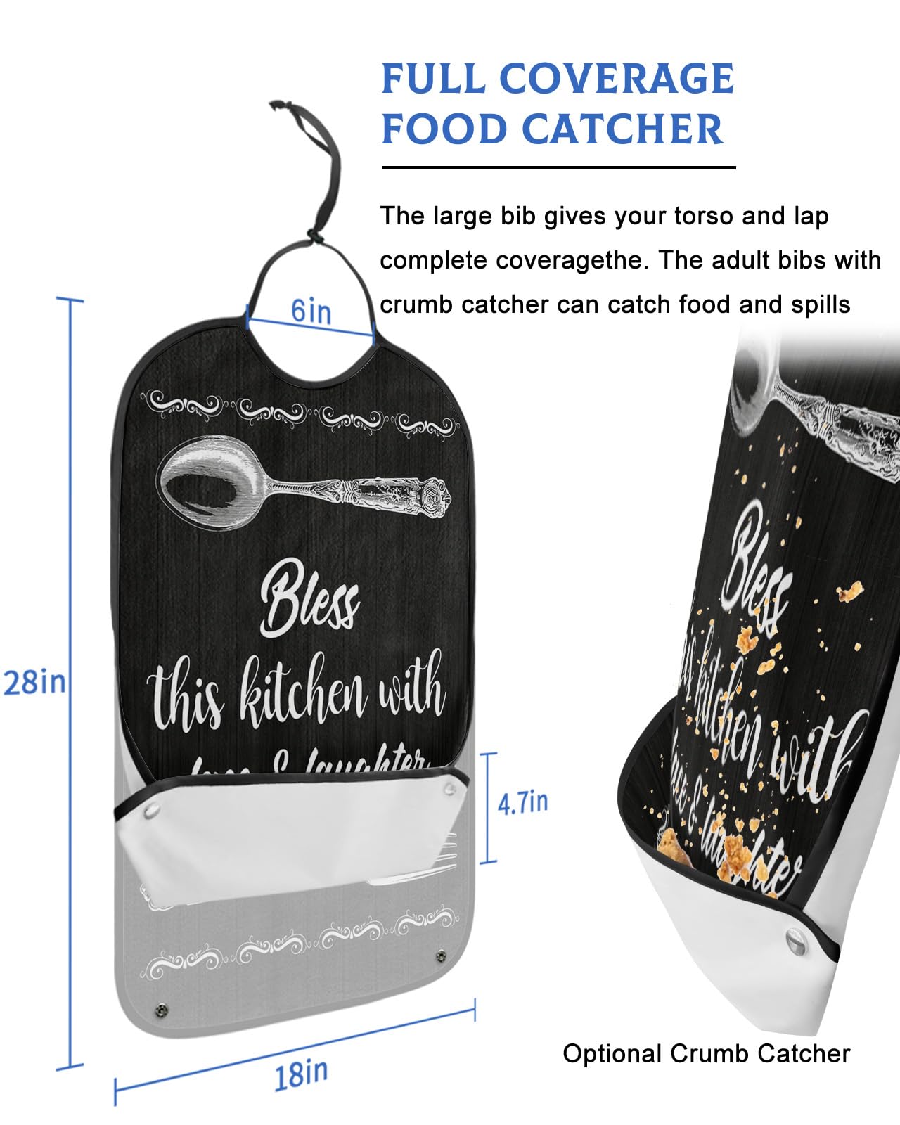 LEOKOTI Vintage Fork and Spoon Adult Bibs for Eating, Waterproof Bibs with Food Catcher & Adjustable Snap Closure, Motto Bless The Kitchen with Lace Laughter Black Wood Clothing Protectors Adult Bibs