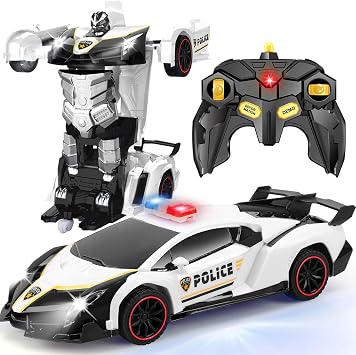 Toys for 5-12 Year Old Boys Transforming Remote Control Police Car Toys Gifts for Age 5 6 7 8 9 10 11 12 Year Old Boys Kids Birthday Presents Toy Transforming 2 in 1 RC Robot Police Car Black