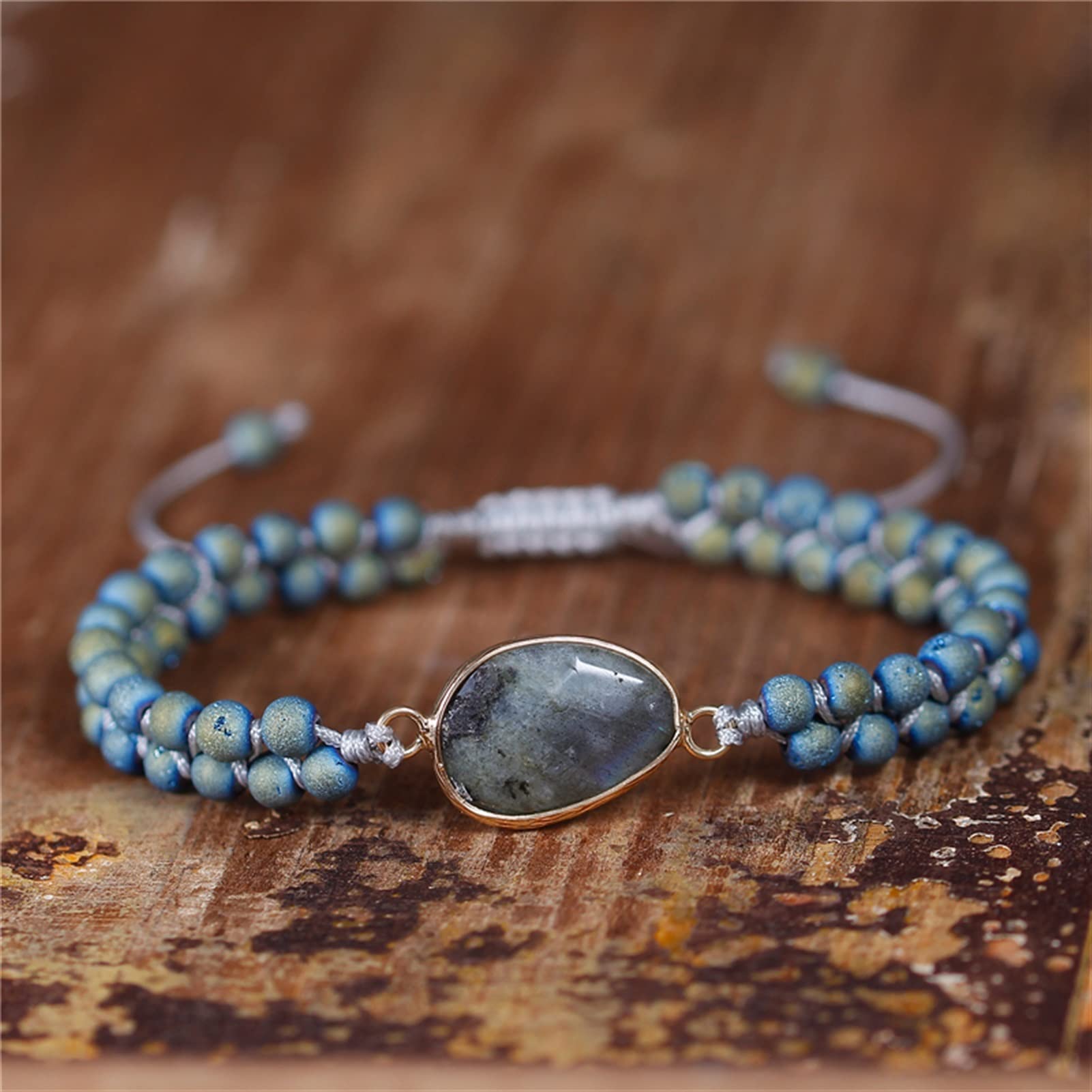LYGBAOFUL Pulseras de Piedra Natural Labradoritas Pulseras con dijes Pulseras de macramé Trenzadas con Cuentas Pulsera Envuelta Joyería de Mujer joyería (Metal Color : Women Size)