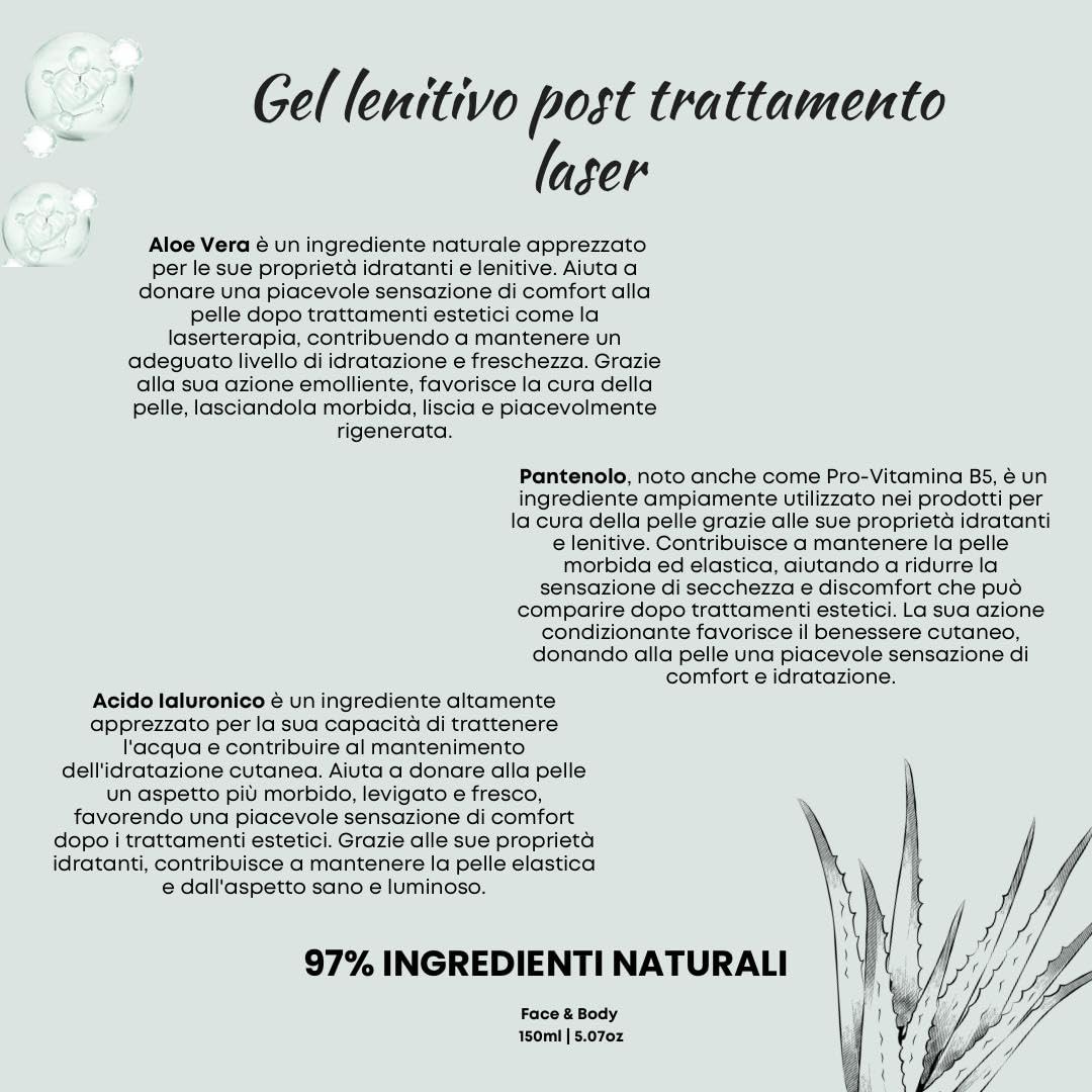 Gel idratante e lenitivo, post epilazione laser, dopo sole, dopo cera, con Acido Ialuronico, Pantenolo e Aloe Vera, 150 ml