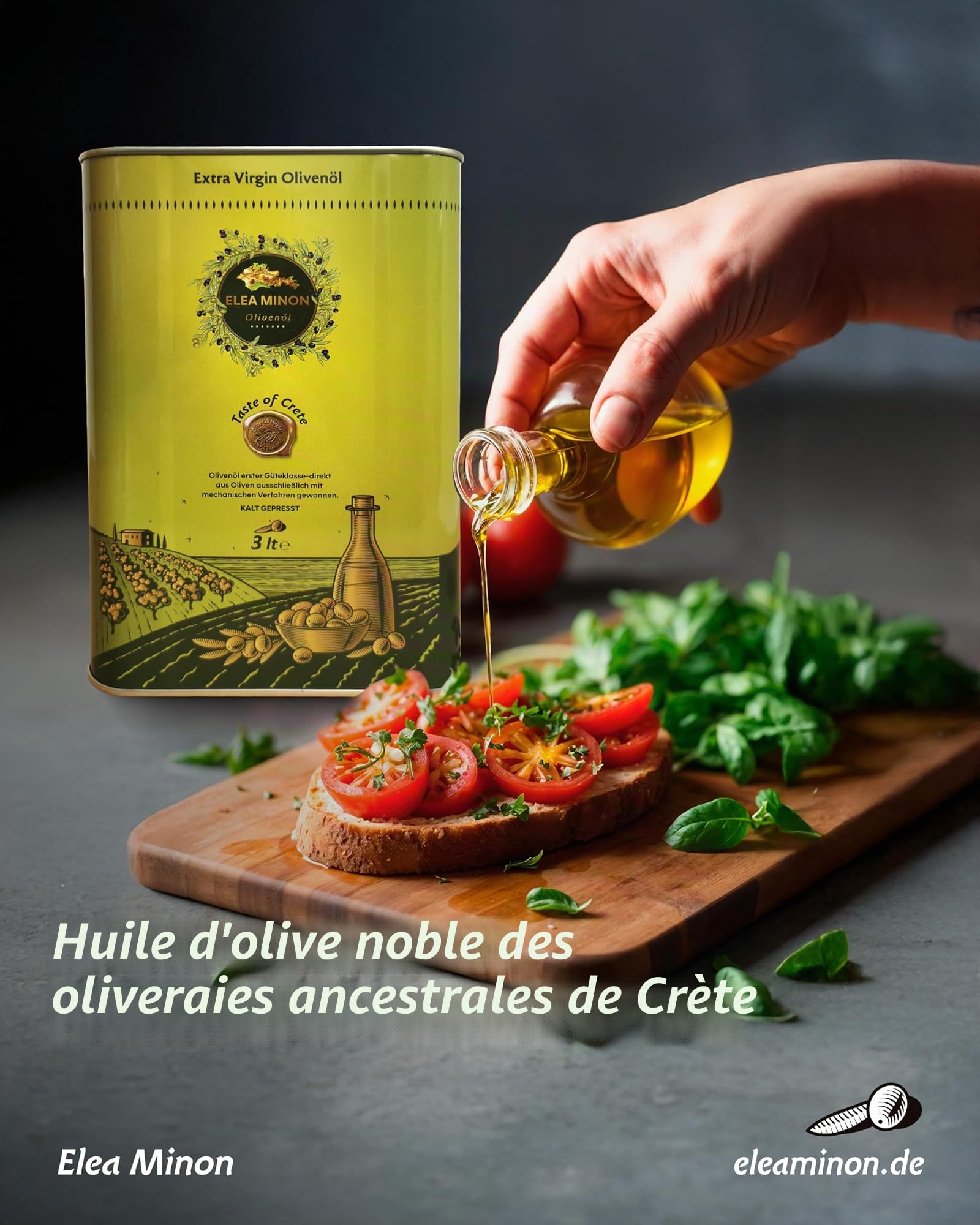 Elea Minon Huile d'olive extra vierge – 0,75 l / 3 l / 5 l – Pressée à froid de Crète, 100 % pure huile d'olive grecque de qualité supérieure, première pression à froid, fruitée douce, bidon en métal