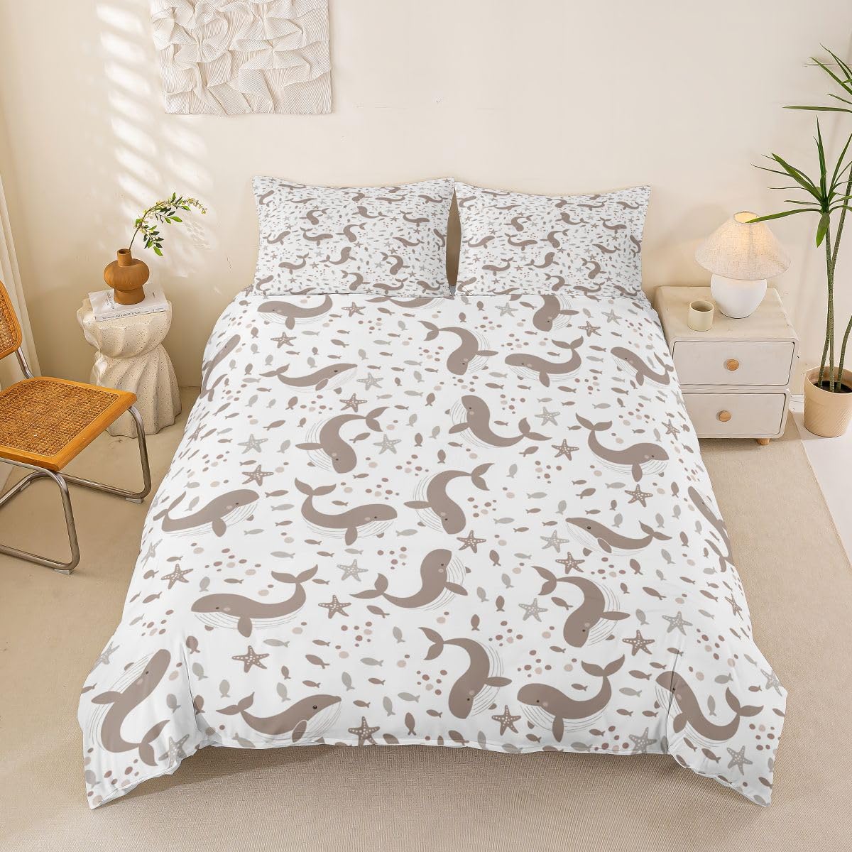 Homewish Summer Whale Cute Super King Set di biancheria da letto con animali del mondo sottomarino pesce copripiumino acquerello stella marina oceano trapunta arredamento camera Kawaii set da letto