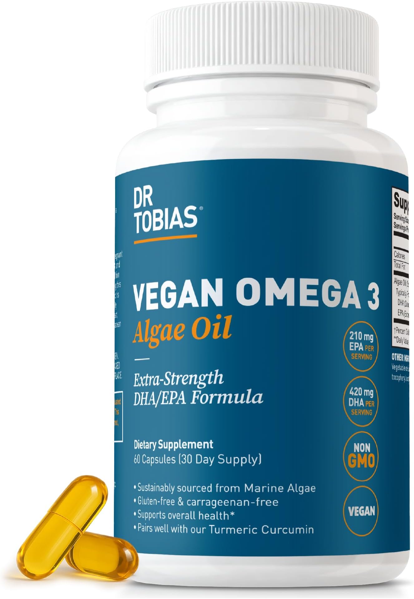Dr. Tobias Vegan Omega 3 Supplement, 1400mg Algae Oil, 420mg DHA, and 210mg EPA per Serving, Non-GMO, Gluten-Free, Carrageenan-Free, 60 Capsules, 30 Servings