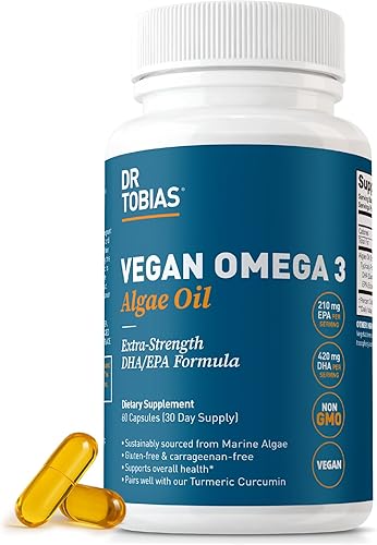Dr. Tobias Suplemento vegano de Omega 3, 1400 mg de aceite de algas, 420 mg de DHA y 210 mg de EPA por porción, sin OMG, sin gluten, sin