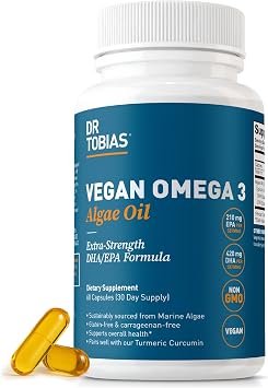 Dr. Tobias Vegan Omega 3 Supplement, 1400mg Algae Oil, 420mg DHA, and 210mg EPA per Serving, Non-GMO, Gluten-Free, Carrageenan-Free, 60 Capsules, 30 Servings