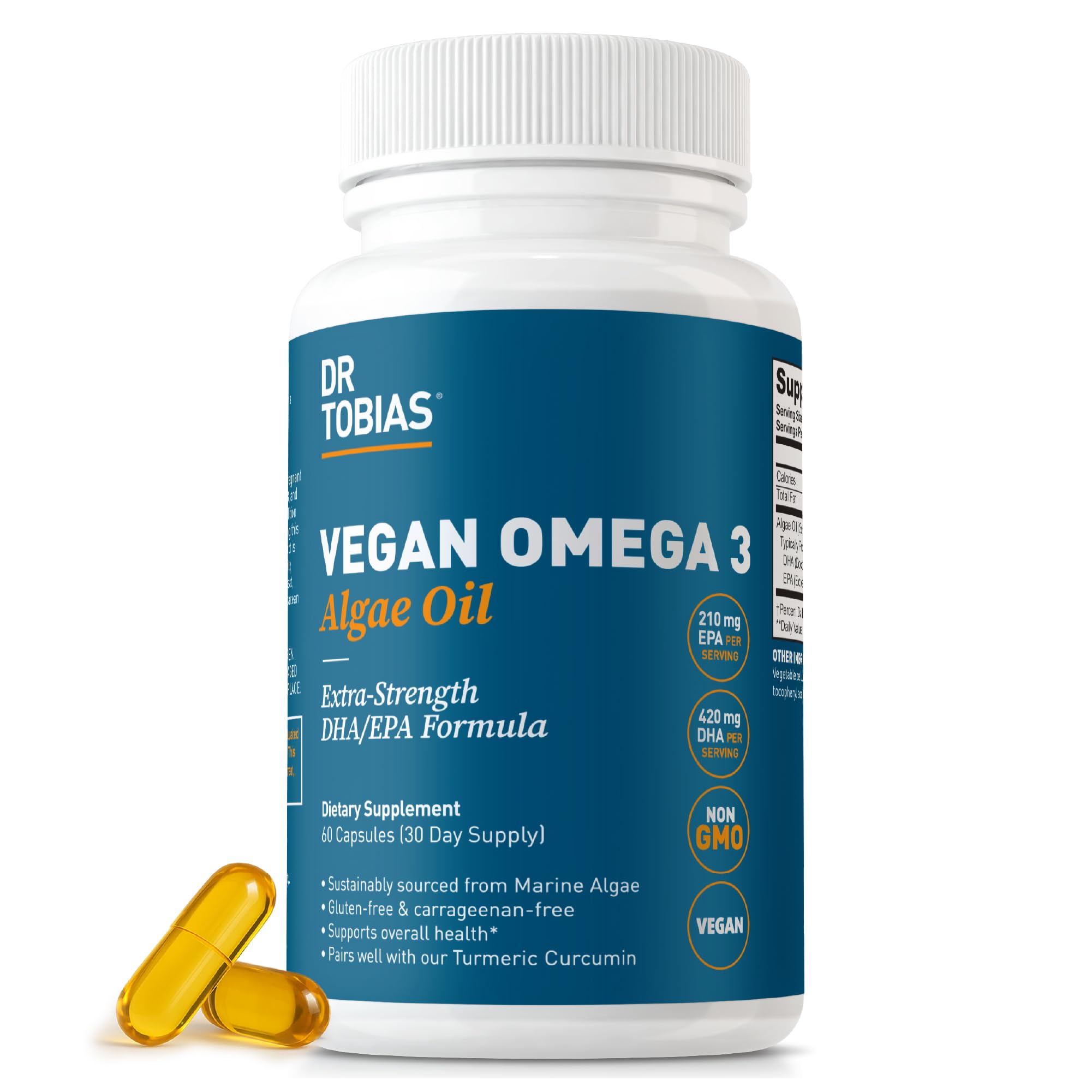 Dr. Tobias Vegan Omega 3 Supplement, 1400mg Algae Oil, 420mg DHA, and 210mg EPA per Serving, Non-GMO, Gluten-Free, Carrageenan-Free, 60 Capsules, 30 Servings