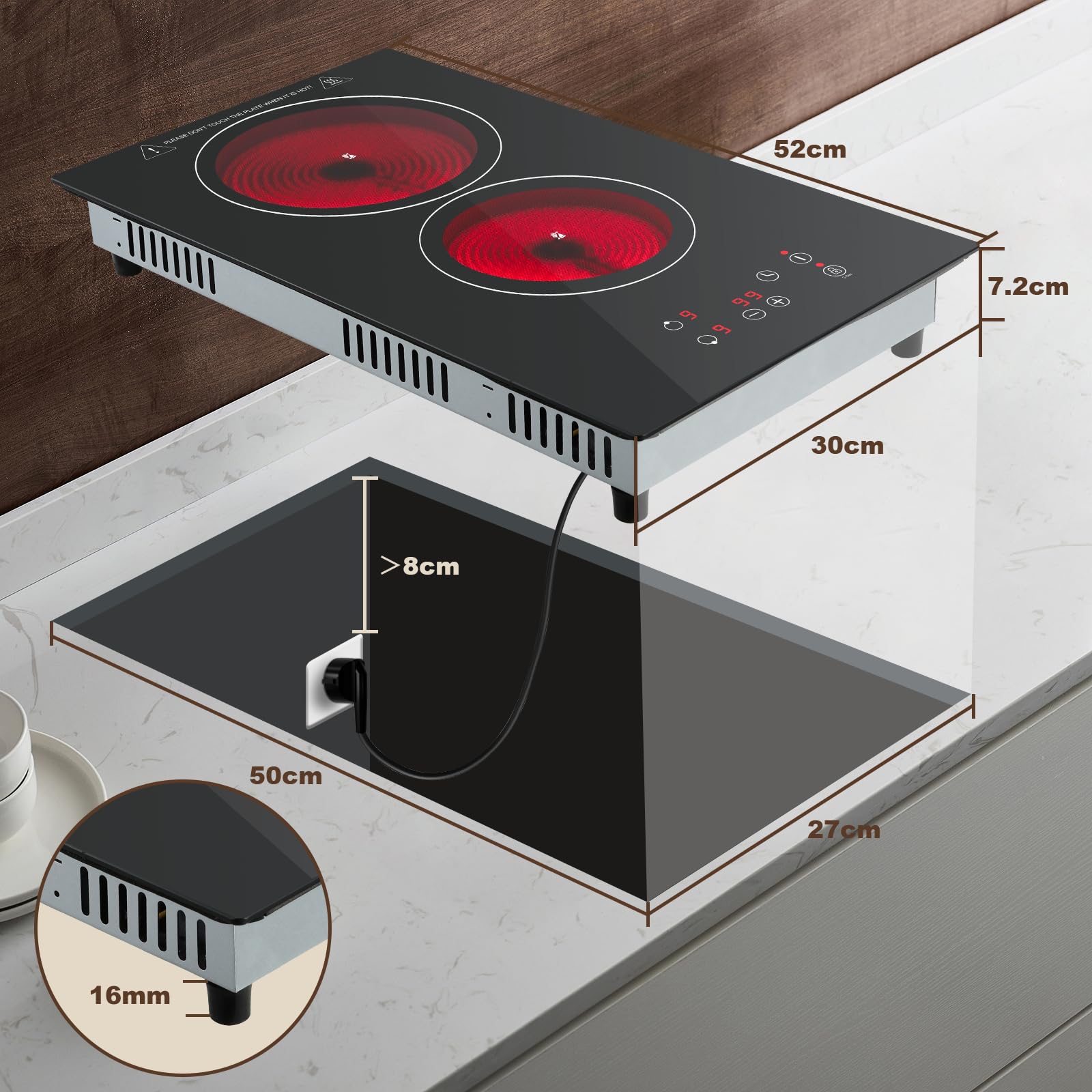 KICHPOWER Ceramic Hob 2 Zones, Electric Plug in Hob 30cm 2 Burners, 2800W, 9 Power Levels, 1-99 min Timer, Residual Heat Indicator, Child Safety Lock, compatible with All Pans & Pots — view 7