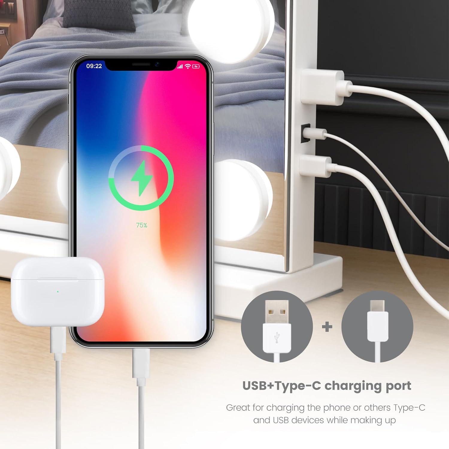 Vanity Mirror with Lights, 32"x 24" Large Hollywood Vanity Mirror with Detachable 10X Magnification & 24 Dimmable 3 Colors Modes LED Bulbs, Tabletop or Wall Mounted,White