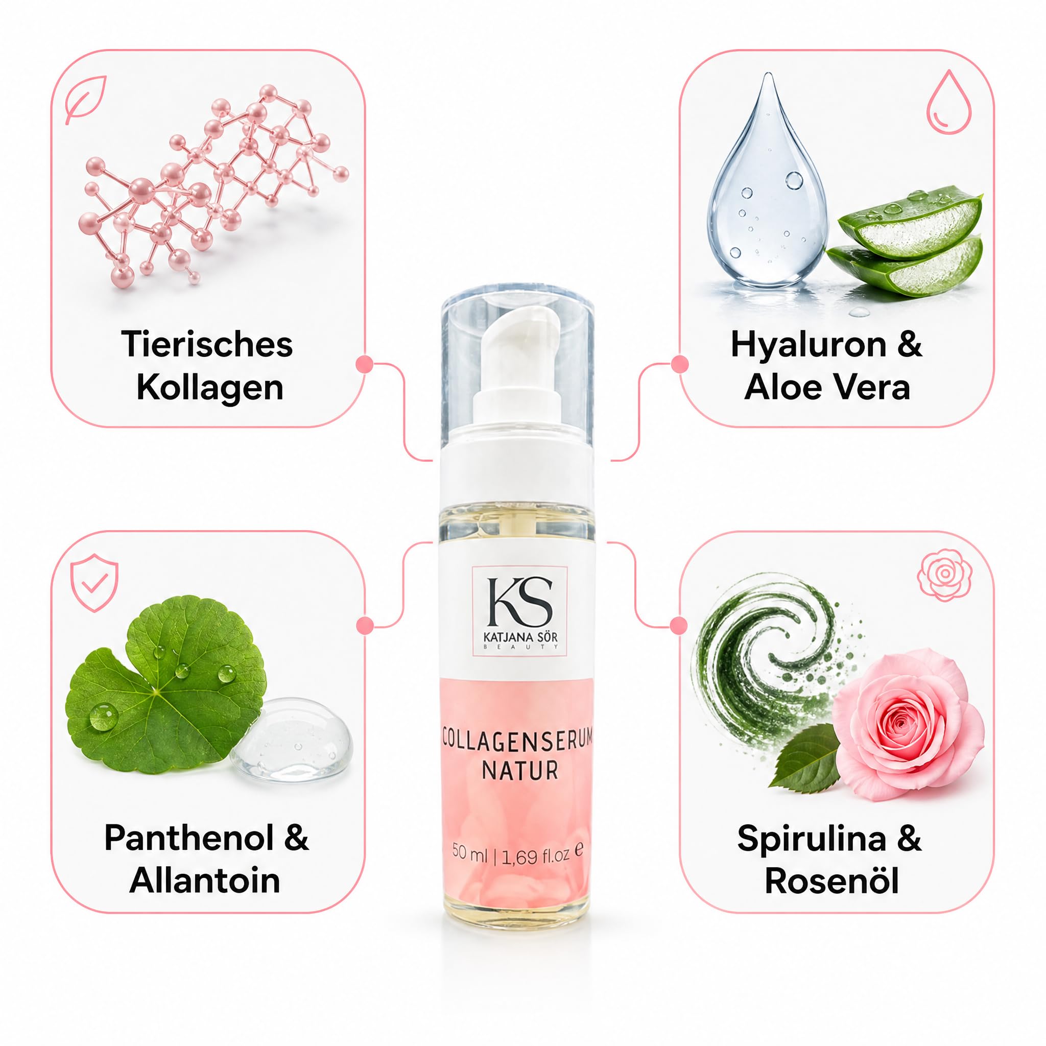 KS Beauty Collagenserum Natur – Hyaluron, Aloe Vera & Rosenöl 50 ml | Feuchtigkeitsserum mit tierischem Kollagen, Aloe Vera & Rosenöl – für trockene, reife und sensible Haut