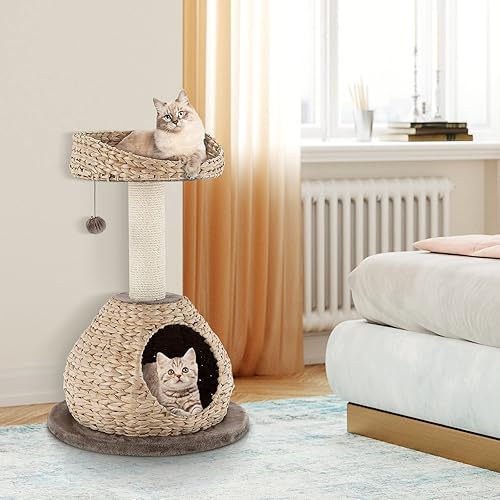 Vista 3 de Tangkula Árbol moderno para gatos, torre pequeña para gatos con poste rascador de sisal natural, condominio para gatos hecho a mano y percha Café