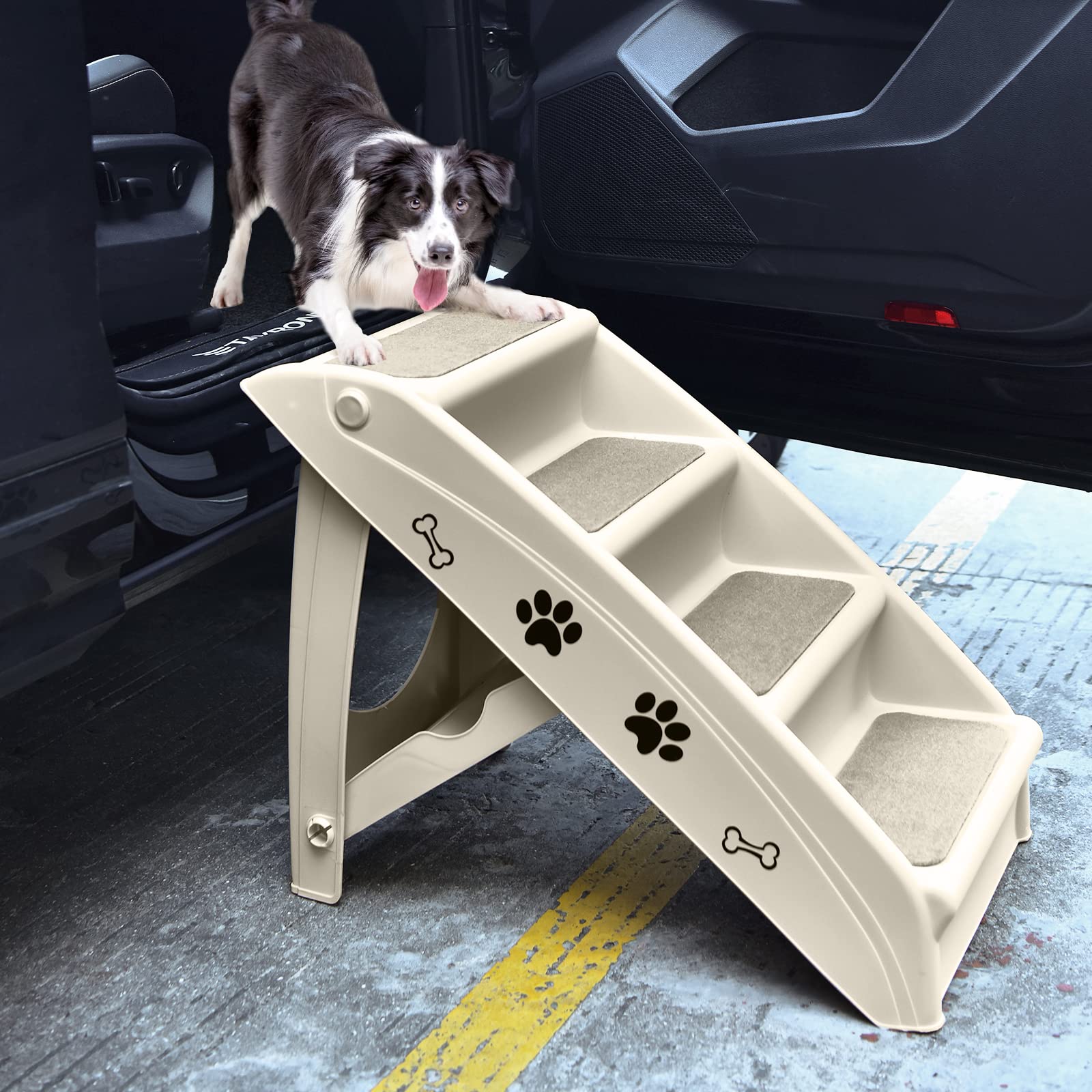 GYMAX Escalier pour Chien en Plastique 4 Marches, Rampe Intérieure et Extérieure avec Coussinets Antidérapants, Charge Max 60KG (Beige)