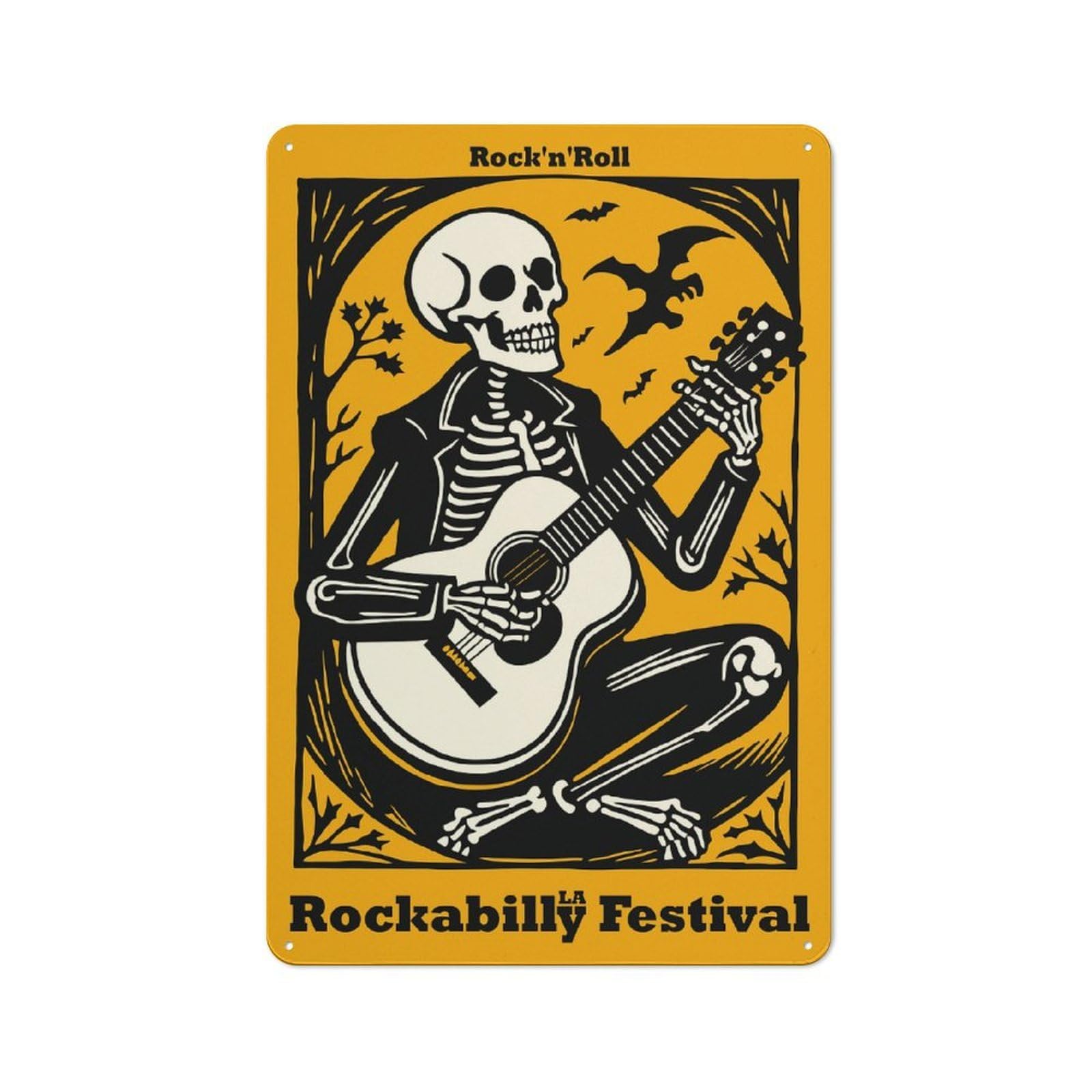 Junmoney Style-13 Rockabilly Festival Skeleton Guitarist Country Metal Wall Decor 30X20cm, Decorative Tin Sign For Farmhouse Kitchen, Pantry Or Dining Area