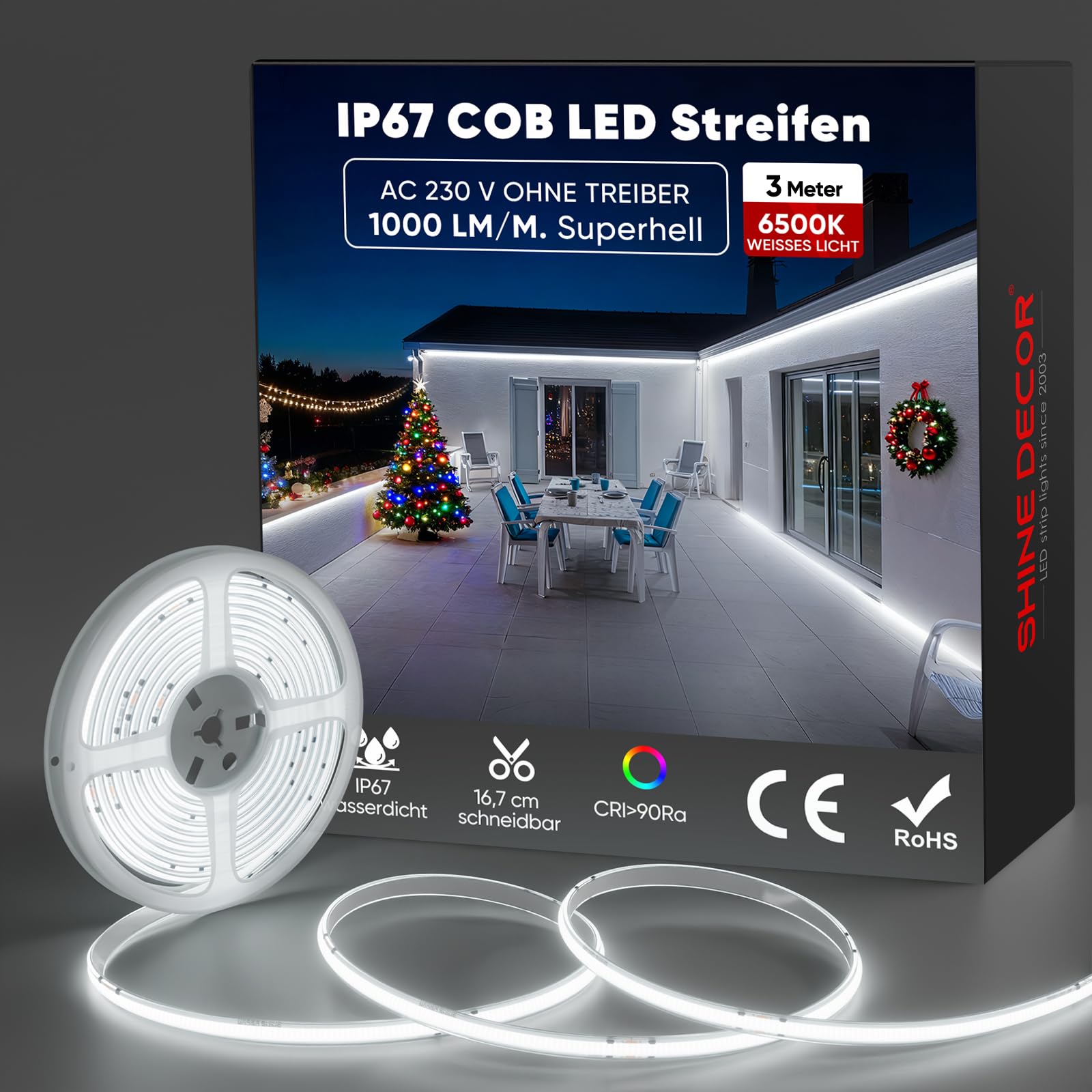 Shine Decor Striscia LED COB 3 m, AC 230 V, IP67, impermeabile, flessibile, 432 LED/m, ultra luminosa, per cucina, giardino, interni ed esterni, 6500 K, bianco freddo