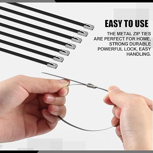 Miniatura 4 de Pelopy 500 bridas de metal de 11.8 pulgadas, color negro, acero inoxidable 304, con revestimiento de epoxi, cable de autobloqueo, multiusos para