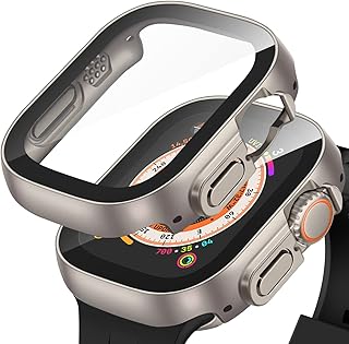 Amizee 2 Pack Compatible with Apple Watch Ultra 2/Ultra 49mm Case with Built-in Tempered Glass Screen Protector, Full Coverage Hard PC Ultra-Thin Protective Cover for iWatch (Original Color+Clear)