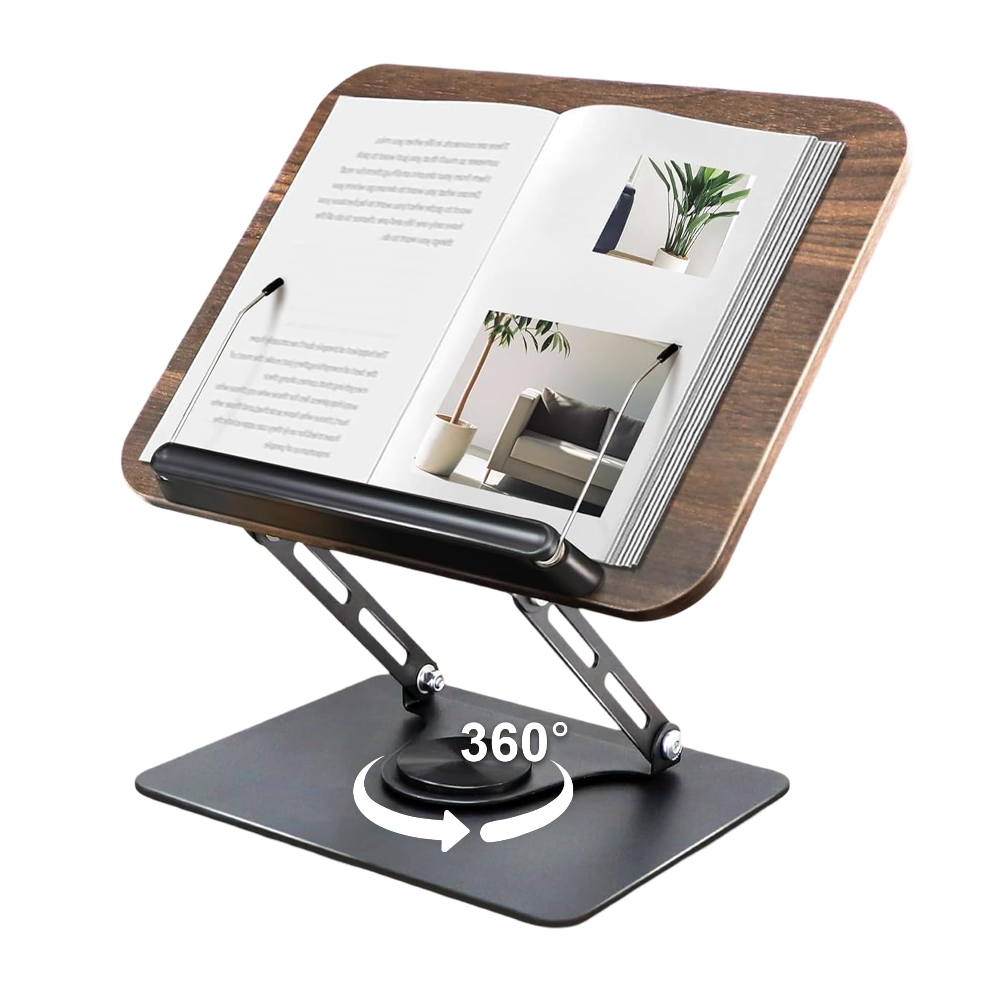 Porta Libri regolabile con pannello base girevole in legno e graffette Leggio da lettura Porta Libri resistente e porta Libri portatile per libri, cuochi, Ricette, iPad, Tablet, Spartito
