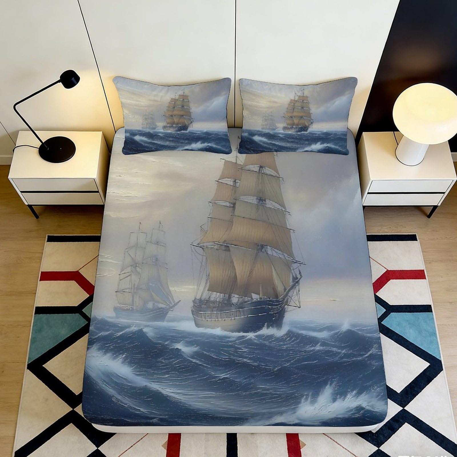 3D Printed Sailing Ship Ocean Fitted Sheet Microfiber Mattress Cover Nautical Waves Bed Decor for Bedroom Guest Room 90x200x25cm