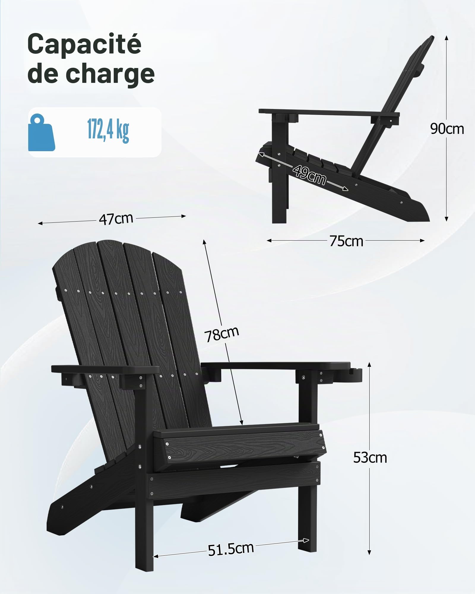 MXIMU Adirondack Chaise d'extérieur pour Jardin : Dossier Ergonomique Confortable et Durable avec Porte-gobelet – Chaises Adirondack Toutes Saisons pour terrasse/Foyer/Camping/Piscine