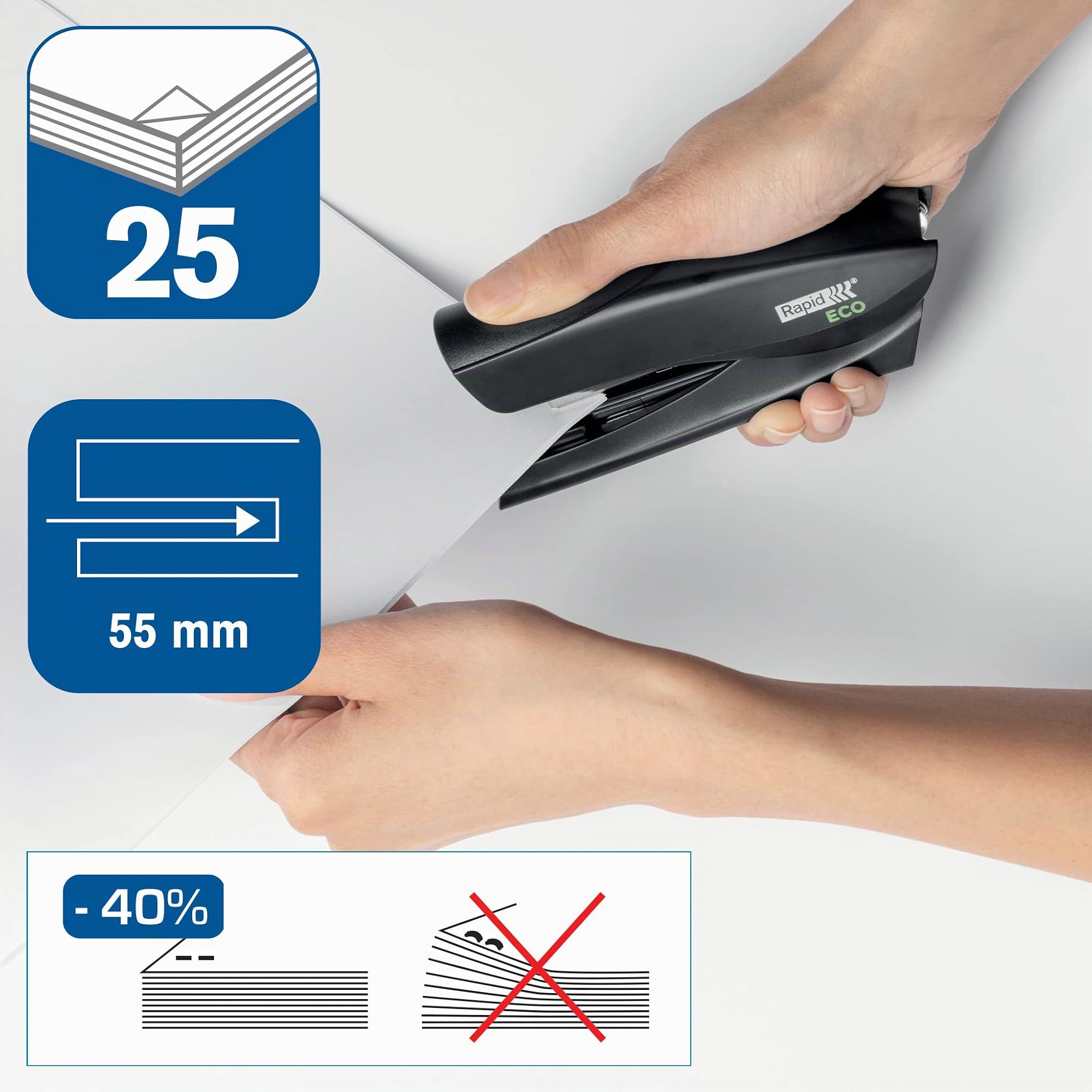 RAPID ECO - Agrafeuse de Bureau Demi-Bande en Plastique Recyclé, pour Maison / Bureau / École, Gamme ECO, coloris Noir, 24812701