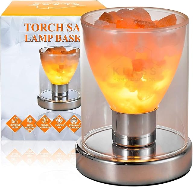 Klass Torch Shape Glass Vase Salt Lamp Natural Himalayan Salt Lamps containing Pink Rock Salt Healing Crystals Certified Electric Fitting Ideal for Bedside Lamps, Home Decor, Night Light & Gifts