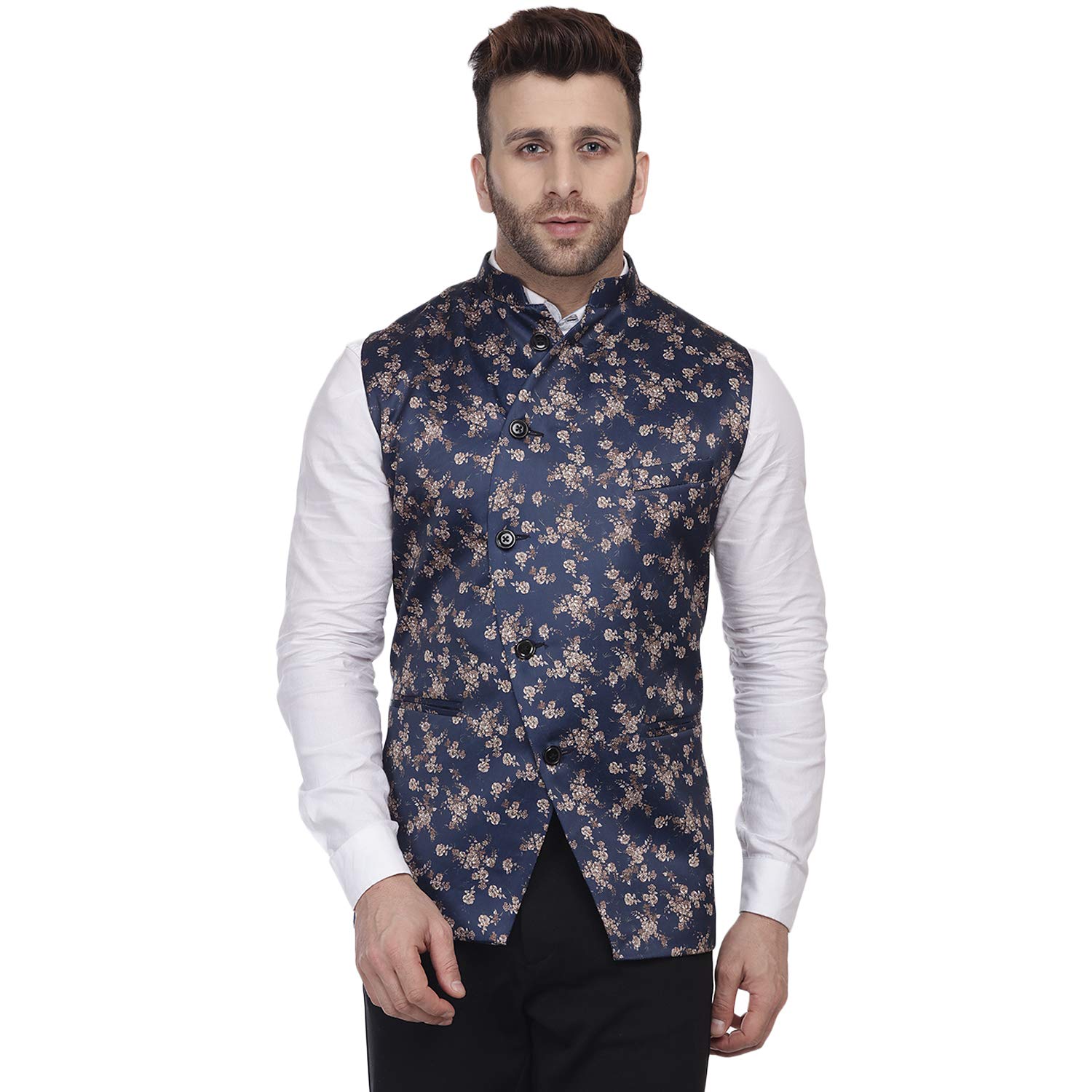 Veera Paridhaan Satin Print Blue Nehru Jacket