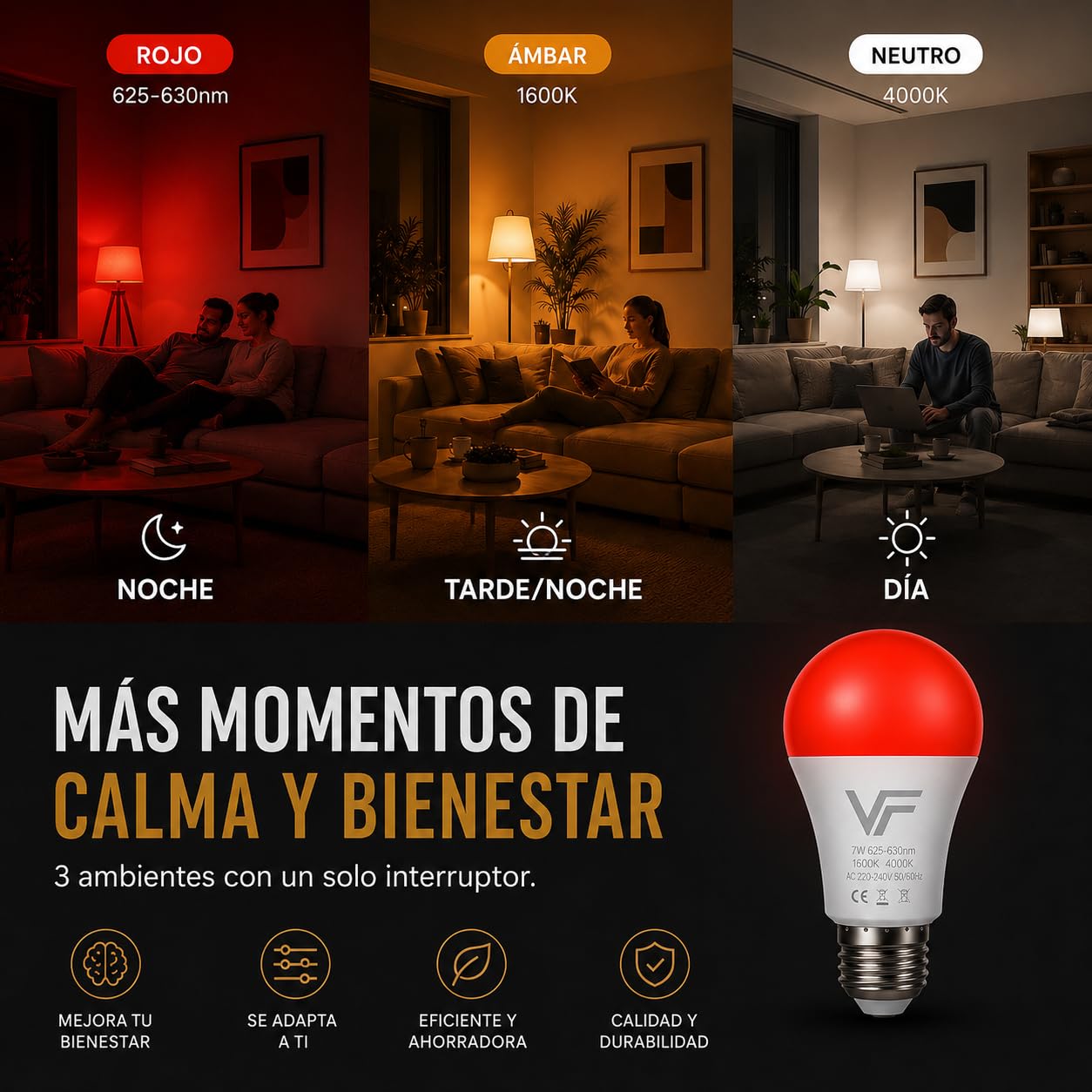 Bombilla (3 En 1) E27 - Luz Roja Nocturna Melatonina 630nm + Ámbar 1600K + Neutra 4000K - 3 Tonalidades Flicker-Free, Sin Luz Azul, Bombilla Roja LED Para Dormir (Rosca E27 / 1 Unidad)