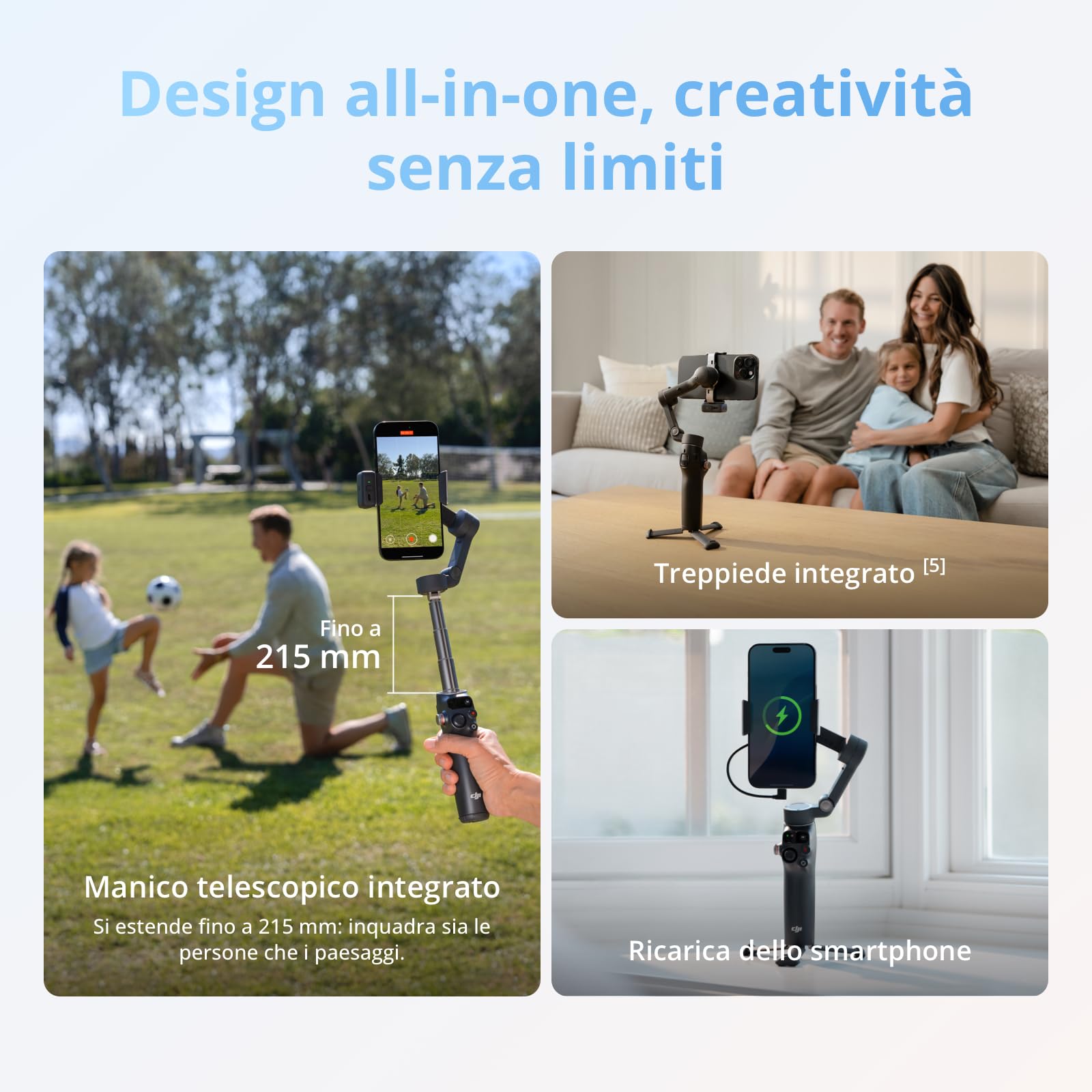 DJI Osmo Mobile 8 stabilizzatore per smartphone, AI tracciamento nativo con audio e illuminazione, rotazione panoramica a 360°, manico telescopico e treppiede integrati, batteria da 10 h
