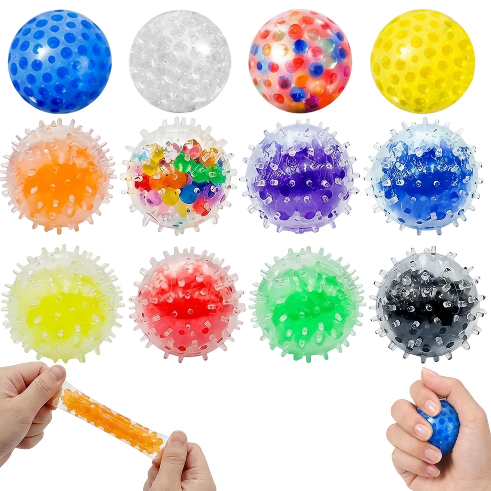 12 Pack of Stress Balls, Sensory Balls and Fidget Toys, Sensory Stress Relief Balls for Focus and Anxiety Management, Hand Therapy Exercise Balls with 8 Water Beads and 4 Fuzz Balls