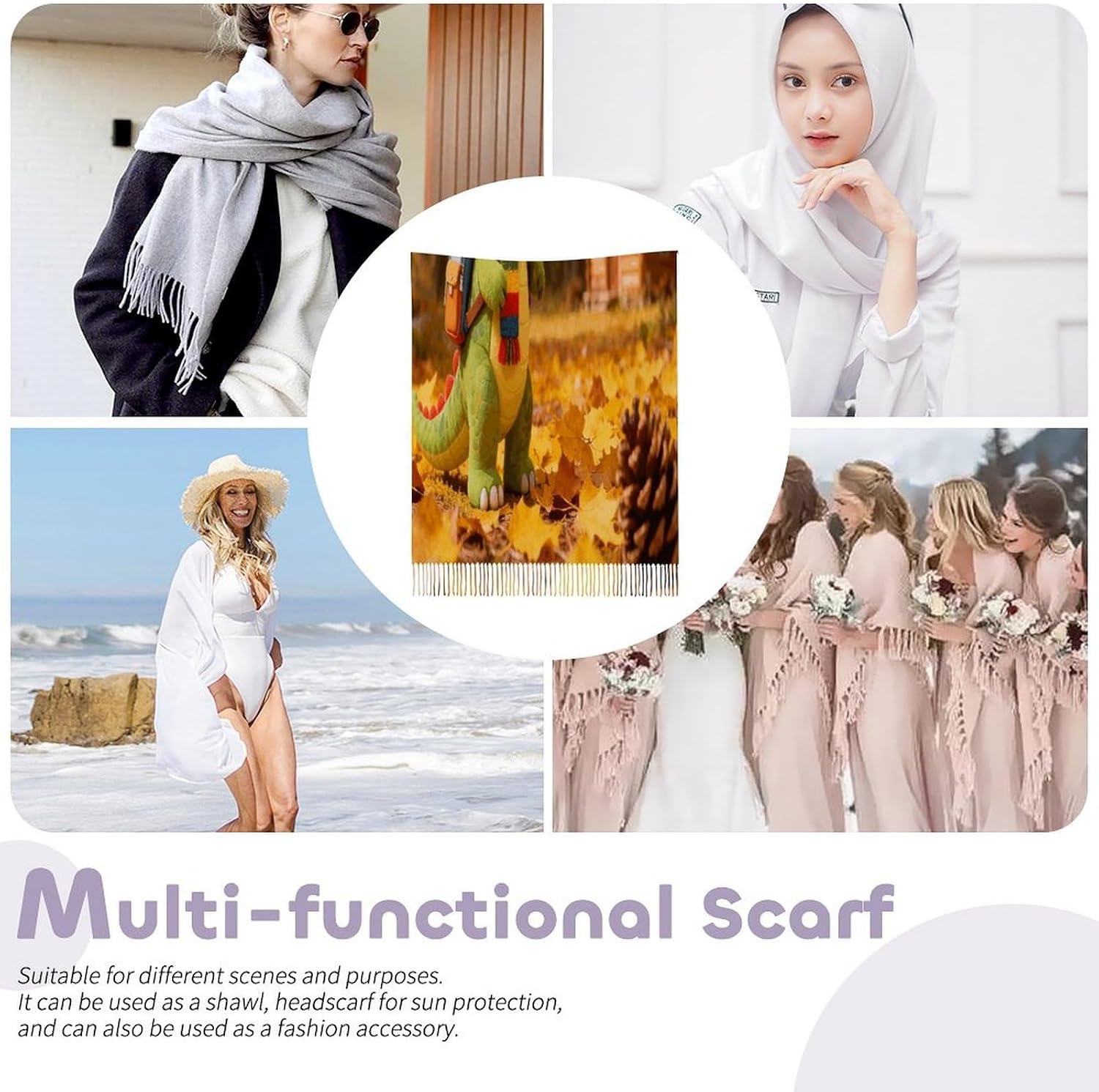 Little Dinosaur's Autumn Forest Roaming Scarfs for Man Women Winter Scarf Long Shawl Wraps Fashion Classic Tassel Scarfs Soft Blanket Scarves