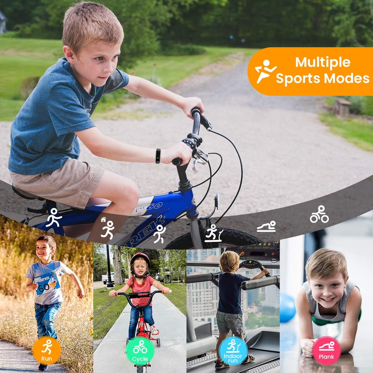 CanMixs Smartwatch V101 illustrating multiple sports modes including running, cycling, indoor running, and plank exercises.