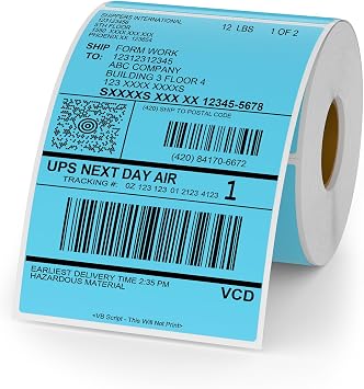 Blue Thermal Labels Vinyl 6 4 Inch Self-Adhesive Rectangle Stickers Roll Waterproof Printer Decals Shipping Tag for QR Code DIY Office Address 250 PCS
