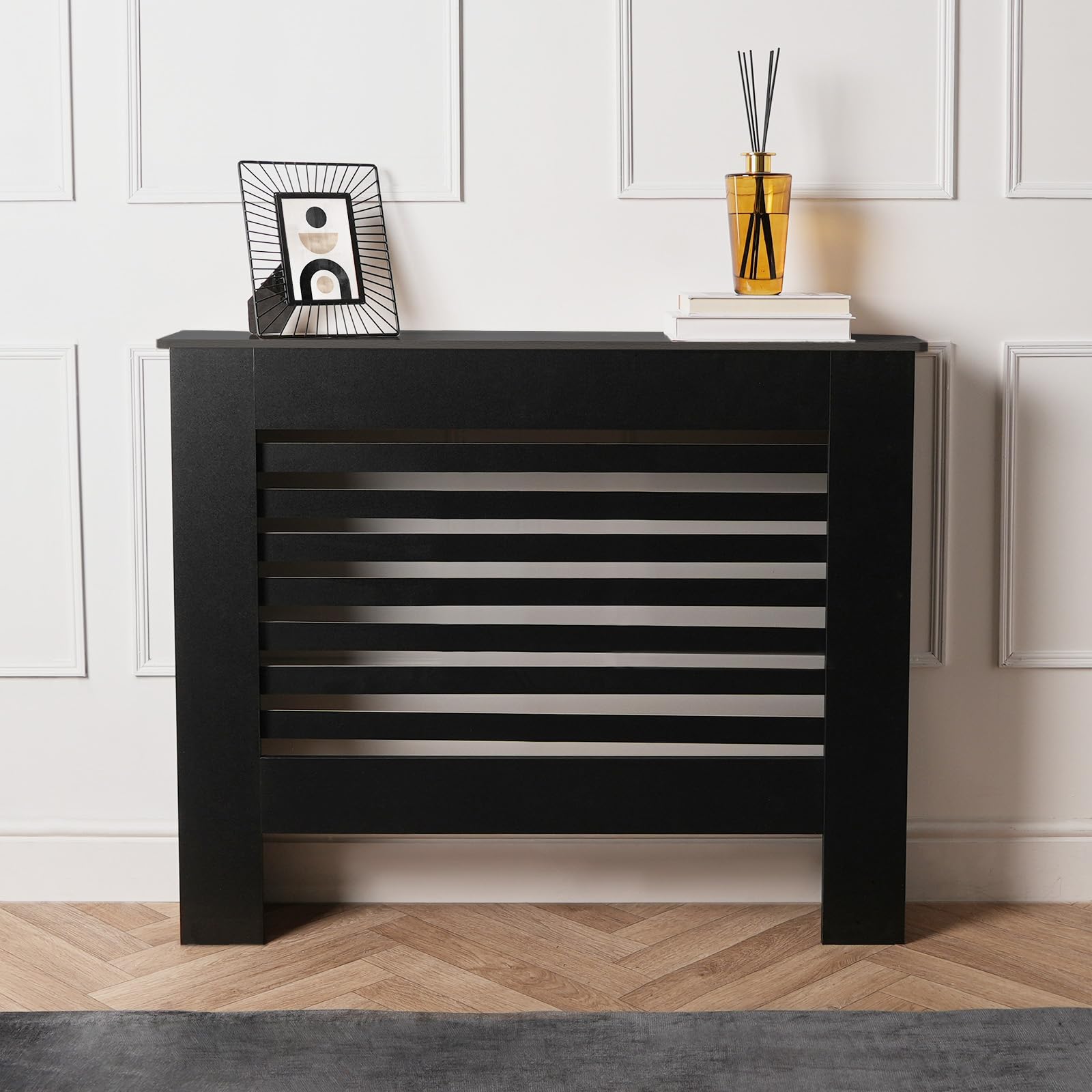 OHS Black Radiator Top Cover Shelf, Stylish Wooden Frame Slatted Design Decorative Easy Fit Black Radiator Shelf for Living Room Bedroom or Hallway, Medium