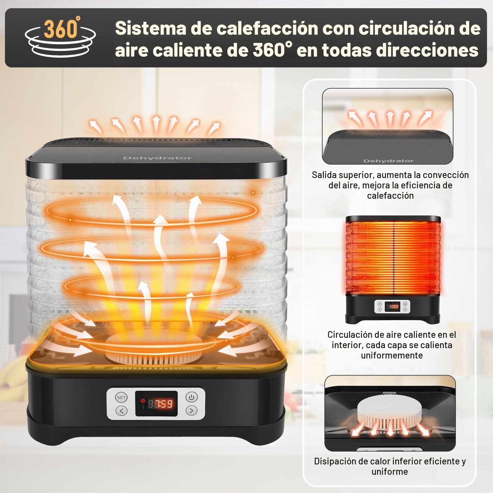 Nictemaw Deshidratador de frutas de acero inoxidable mini deshidratador de cocina con 8 compartimentos insertables, deshidratador con controlador de temperatura, 400W, 35-70°C, temporizador de 72h