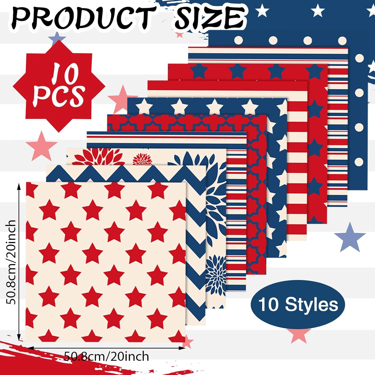 Hahafelt 10 Pcs Vintage Patriotic Quilting Fabric Bundles 20 x 20 Inch Red White Blue USA Flag Star Fat Quarters 4th of July Squares Fabric by The Yard for Memorial Day DIY Craft Sewing Material