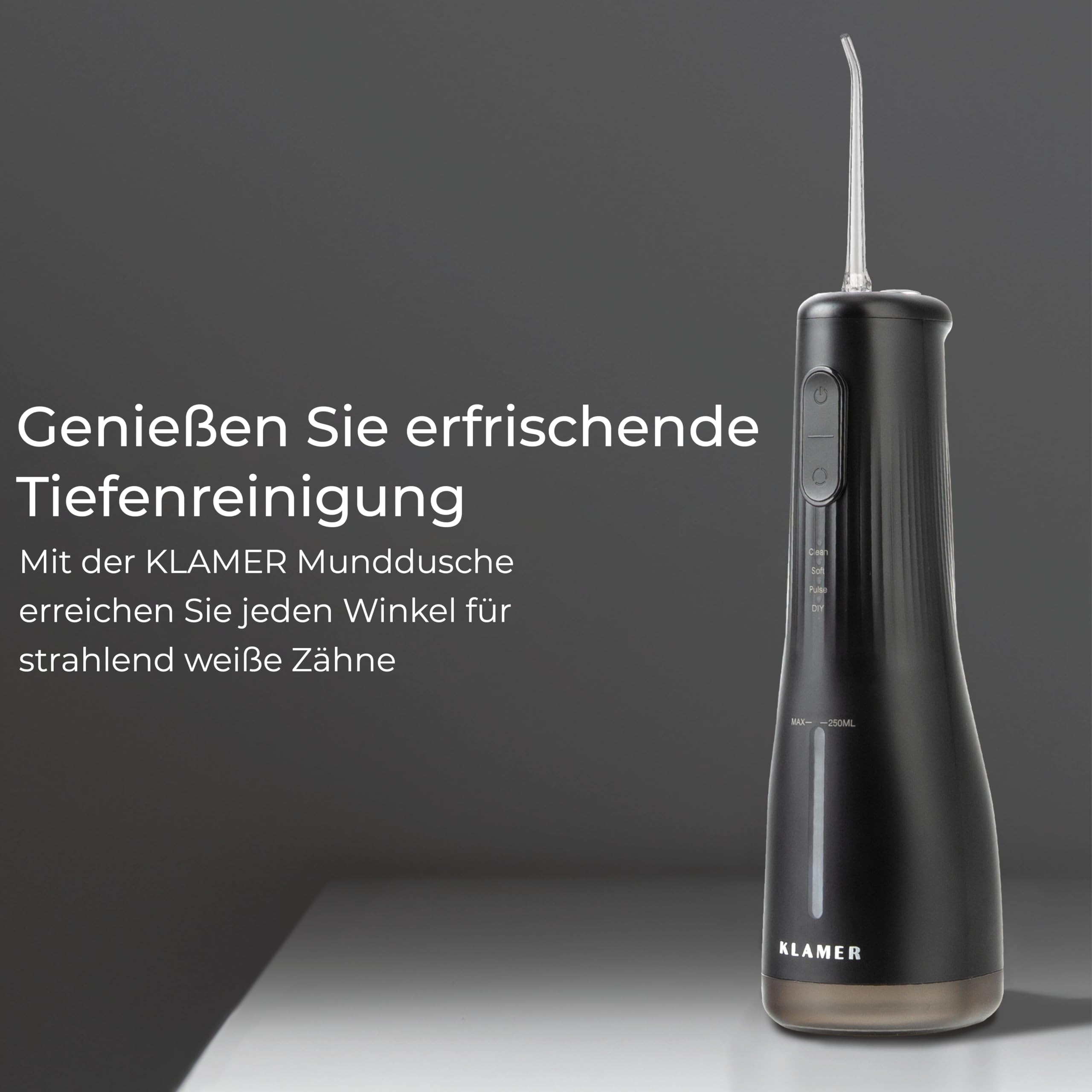 KLAMER Munddusche kabellos mit 4 Programmen, 2 Aufsätzen und 250 ml Tank | Water Flosser für Zahnspangen und empfindliches Zahnfleisch, entfernt Plaque zwischen Zähnen und unter dem Zahnfleischrand