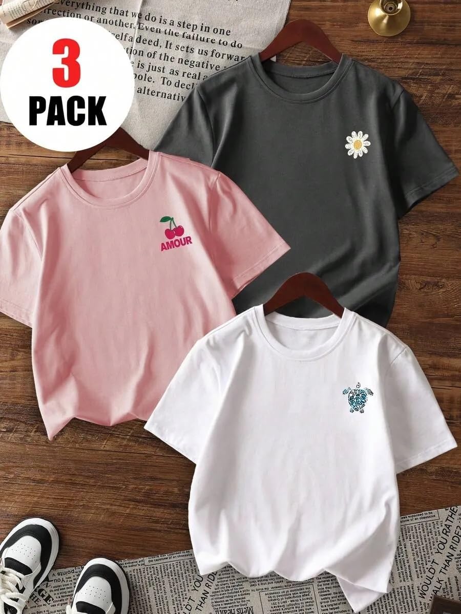 Paquete de 3 camisetas estampadas de manga corta con cuello redondo para niñas de 8 a 14 años — view 2