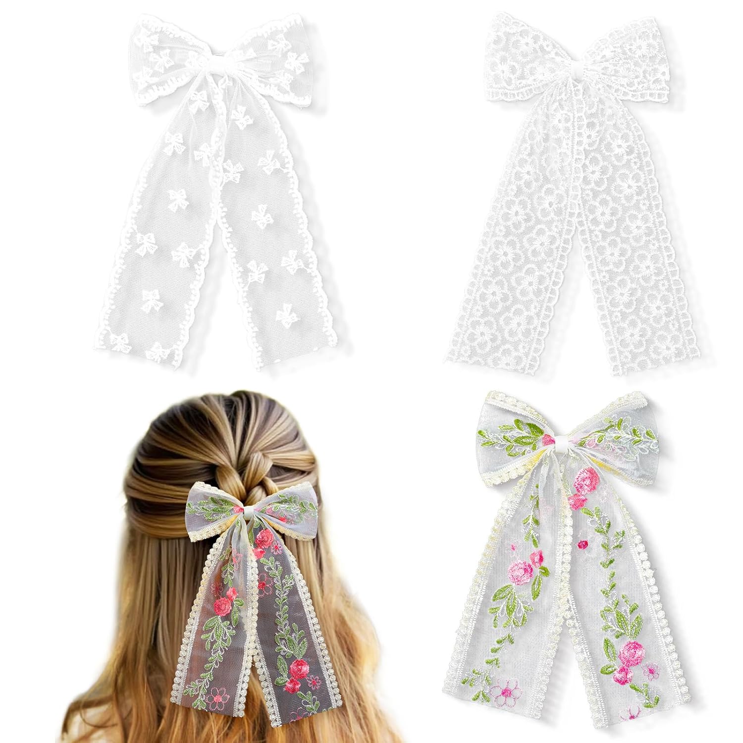 3Pcs Elegant Beige Lace Bow, Large Lace Tulle Bows, Floral Hair Bows for Women Girls, Bowknot Barrettes with Long Tails, Coquette Hair Styling Accessories